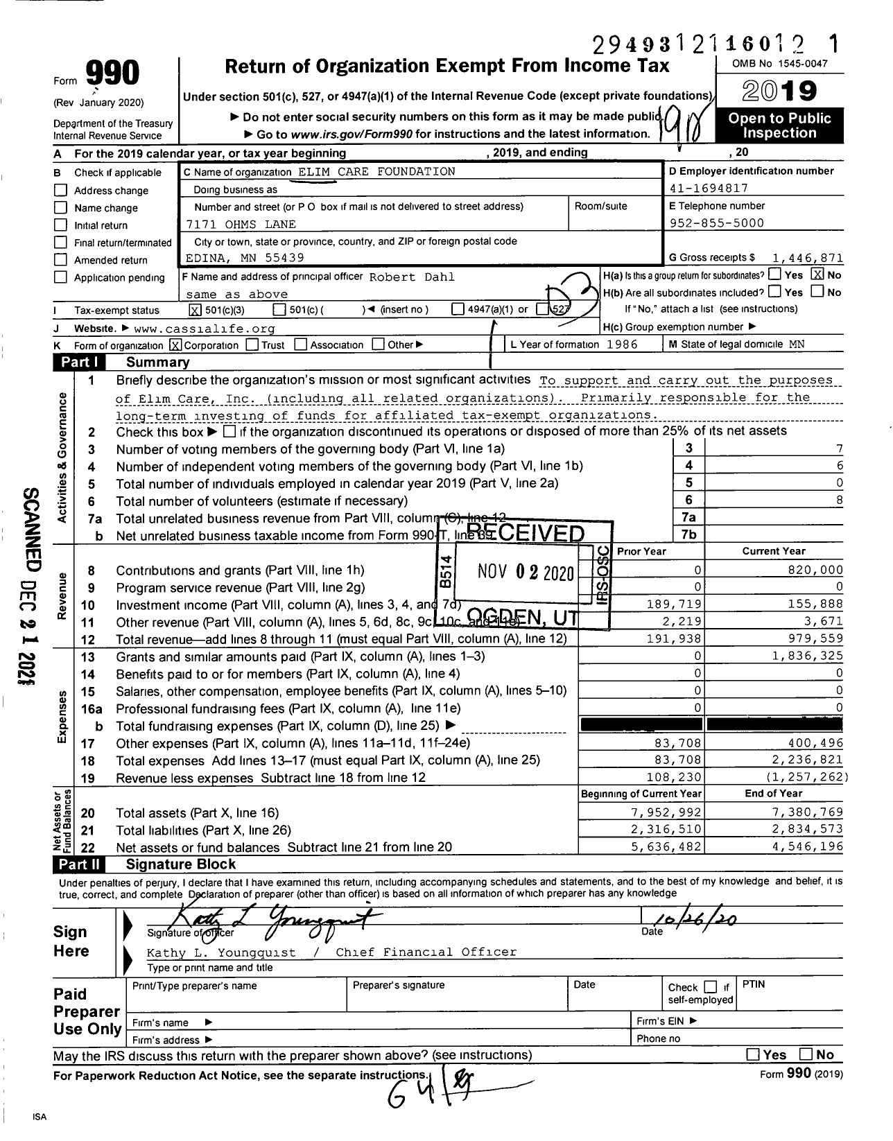 Image of first page of 2019 Form 990 for Elim Care Foundation