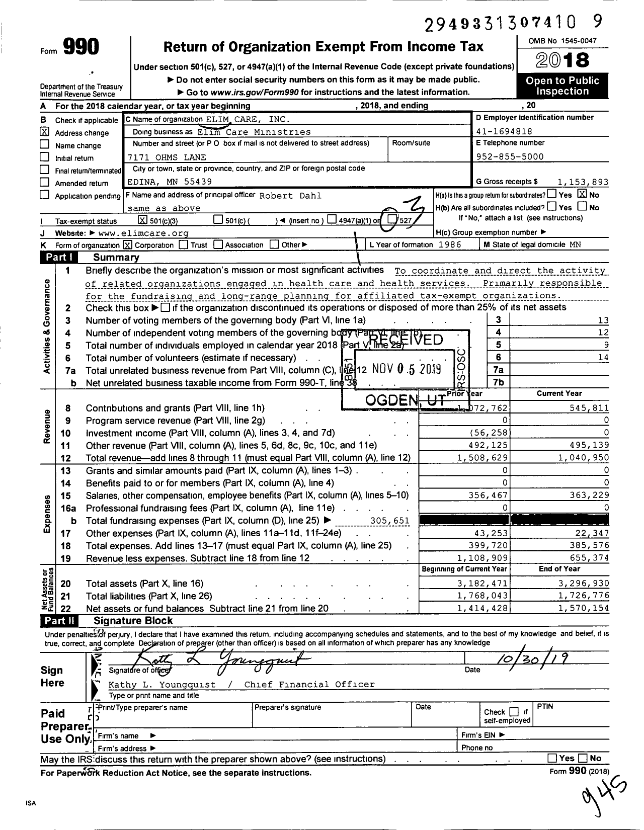 Image of first page of 2018 Form 990 for Elim Care