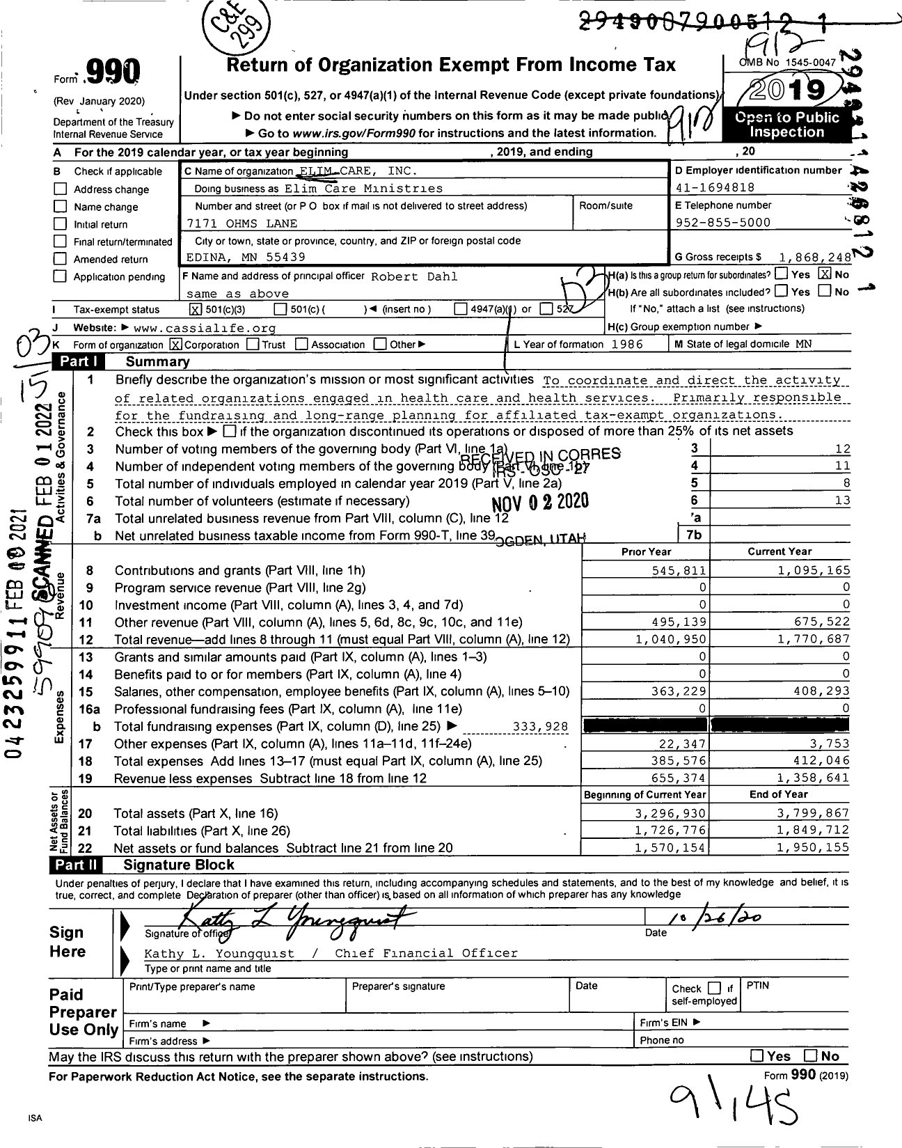 Image of first page of 2019 Form 990 for Elim Care