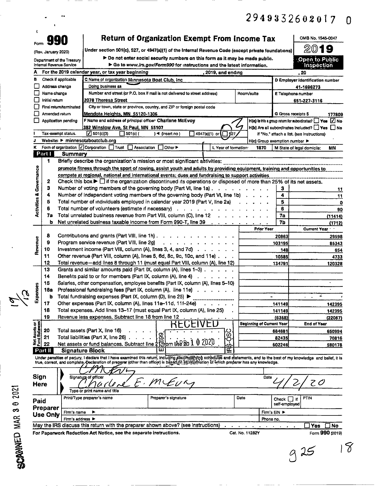 Image of first page of 2019 Form 990 for Minnesota Boat Club