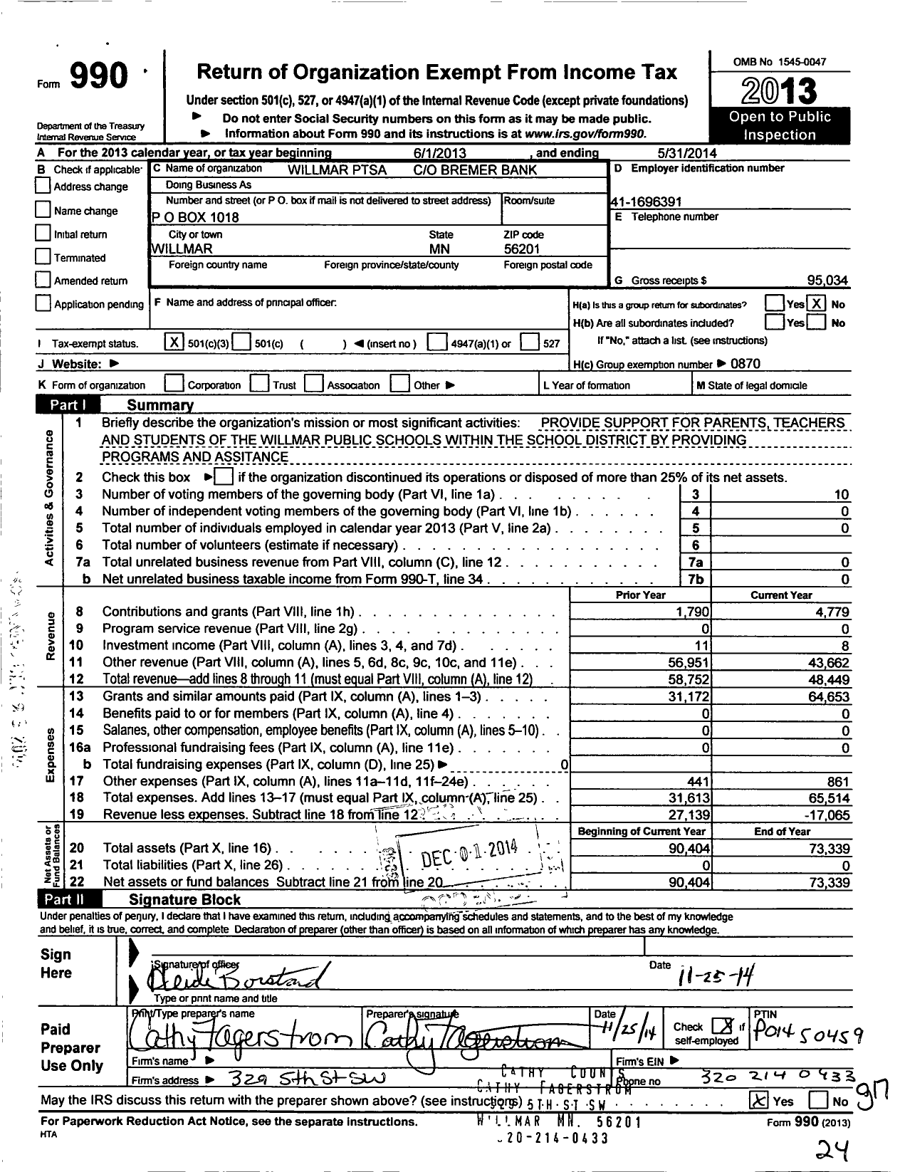 Image of first page of 2013 Form 990 for Minnesota Congress of Parents and Teachers / Willmar Ptsa