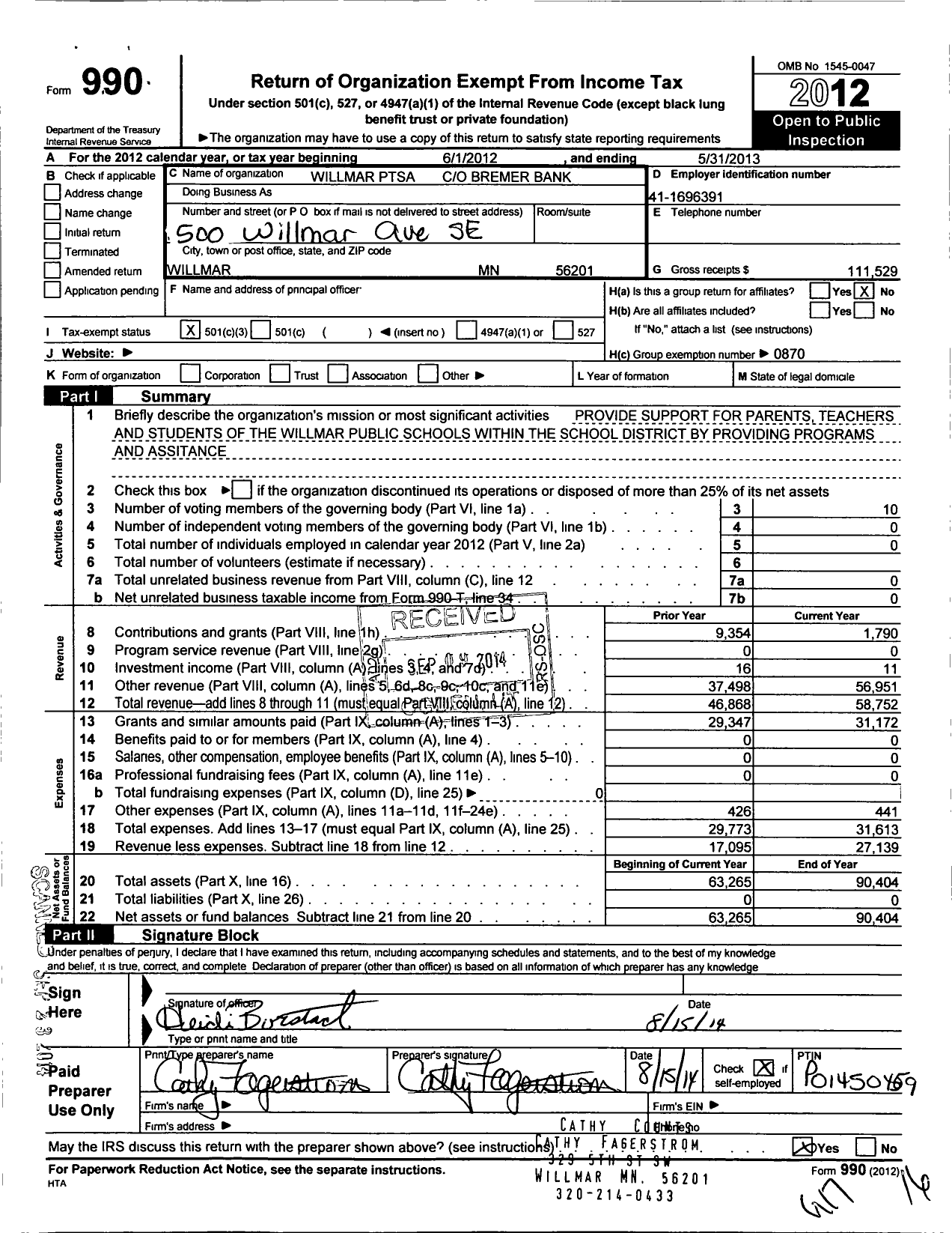 Image of first page of 2012 Form 990 for Minnesota Congress of Parents and Teachers / Willmar Ptsa