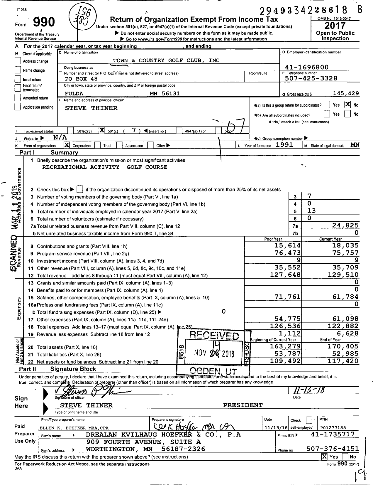 Image of first page of 2017 Form 990O for Town and Country Golf Club