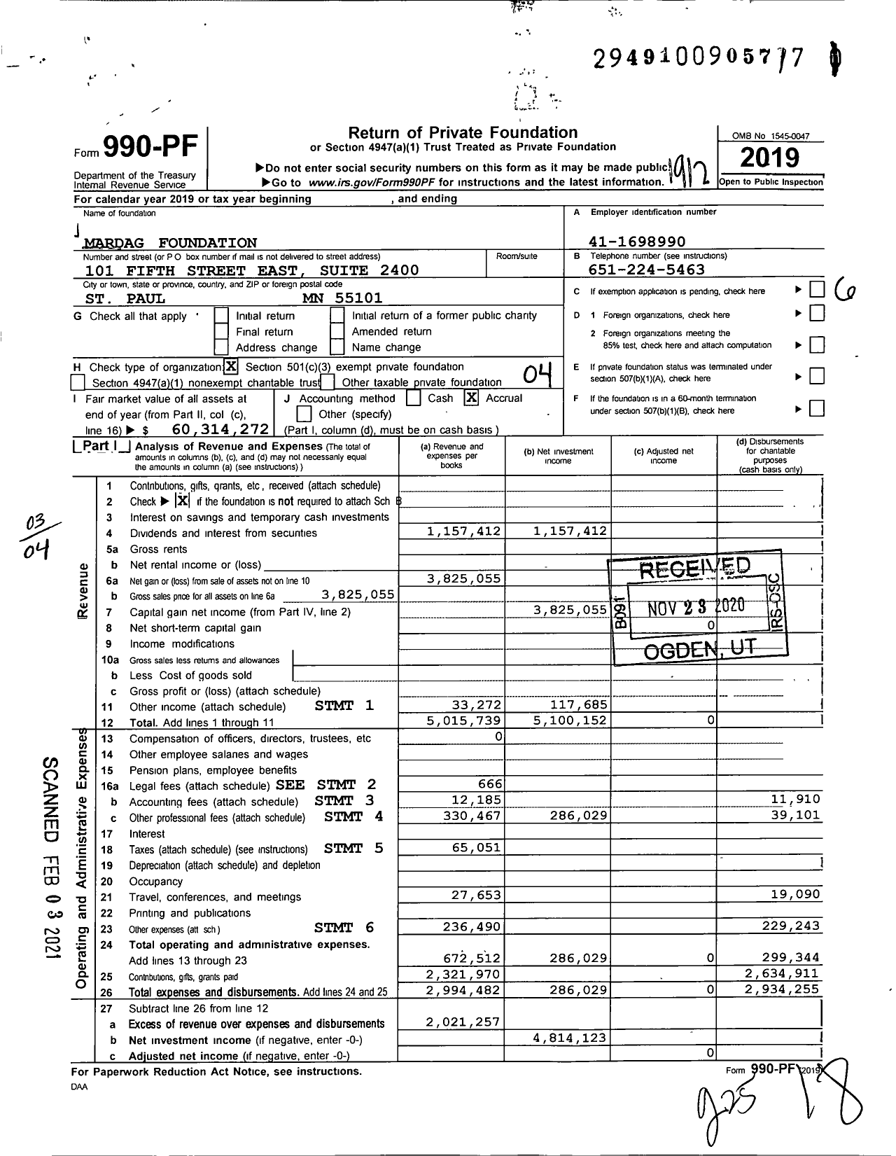 Image of first page of 2019 Form 990PF for Mardag Foundation