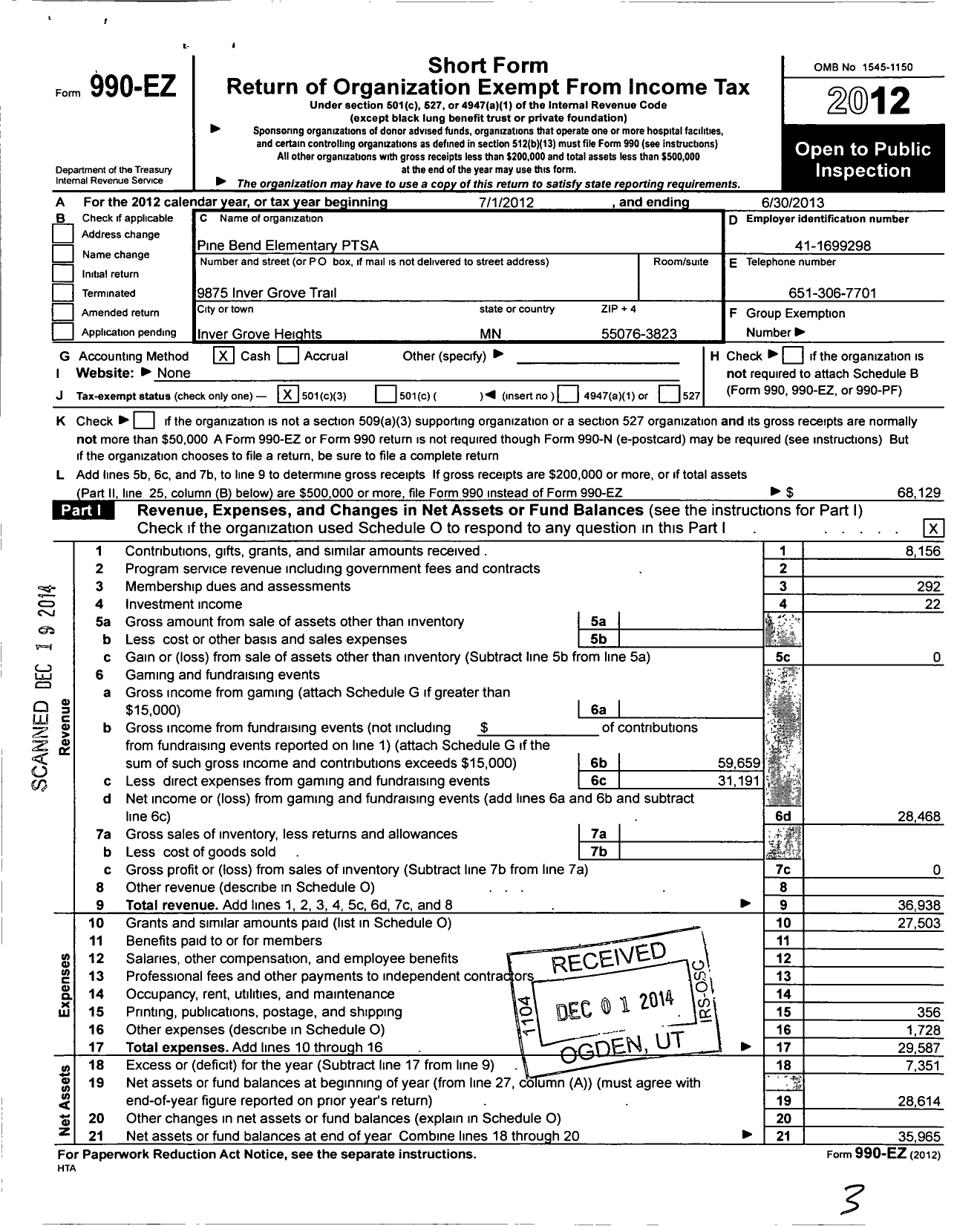 Image of first page of 2012 Form 990EZ for Pine Bend Elementary PTSA