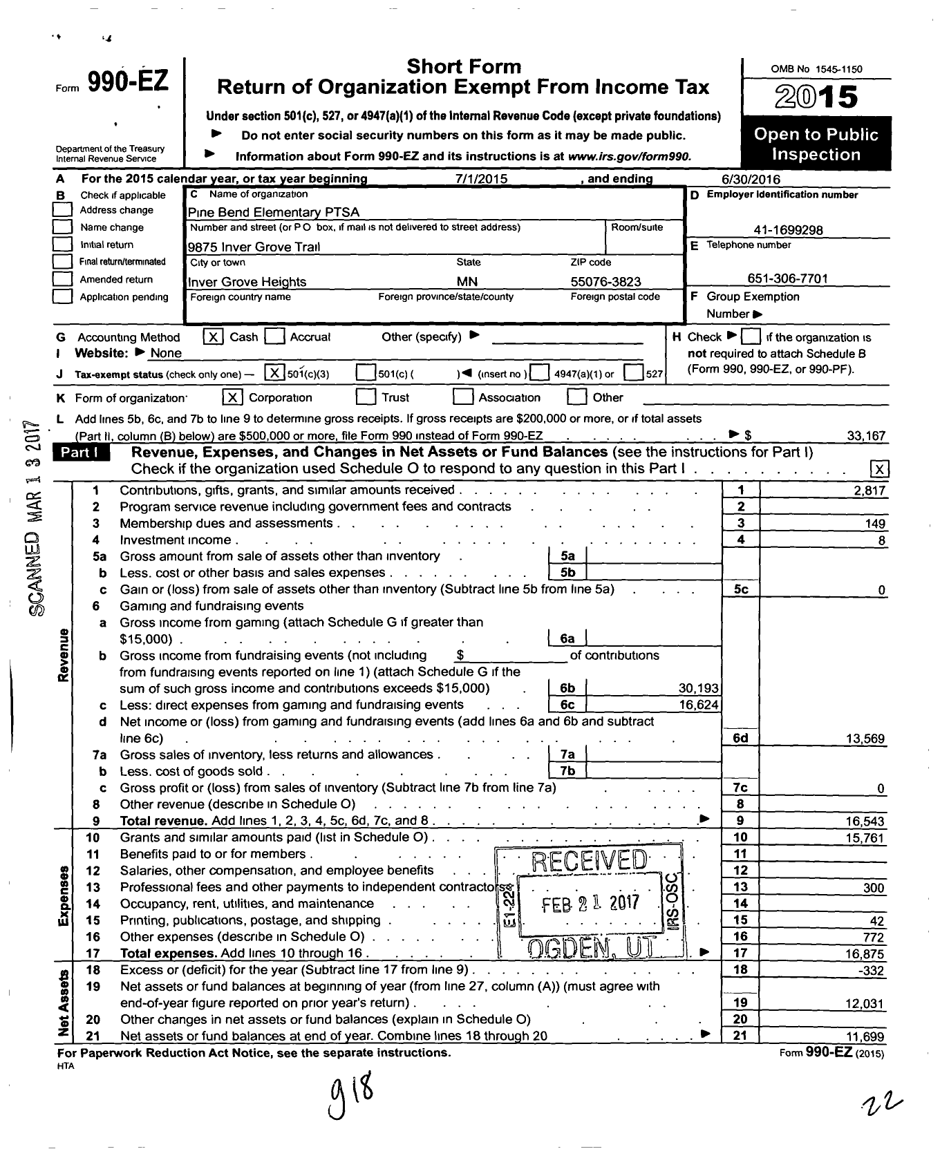 Image of first page of 2015 Form 990EZ for Pine Bend Elementary PTSA