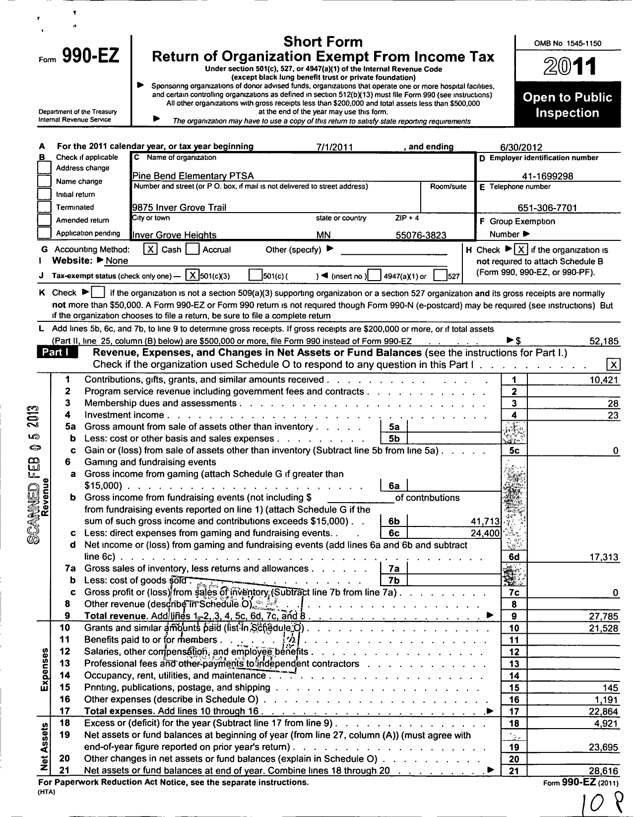 Image of first page of 2011 Form 990EZ for Pine Bend Elementary PTSA