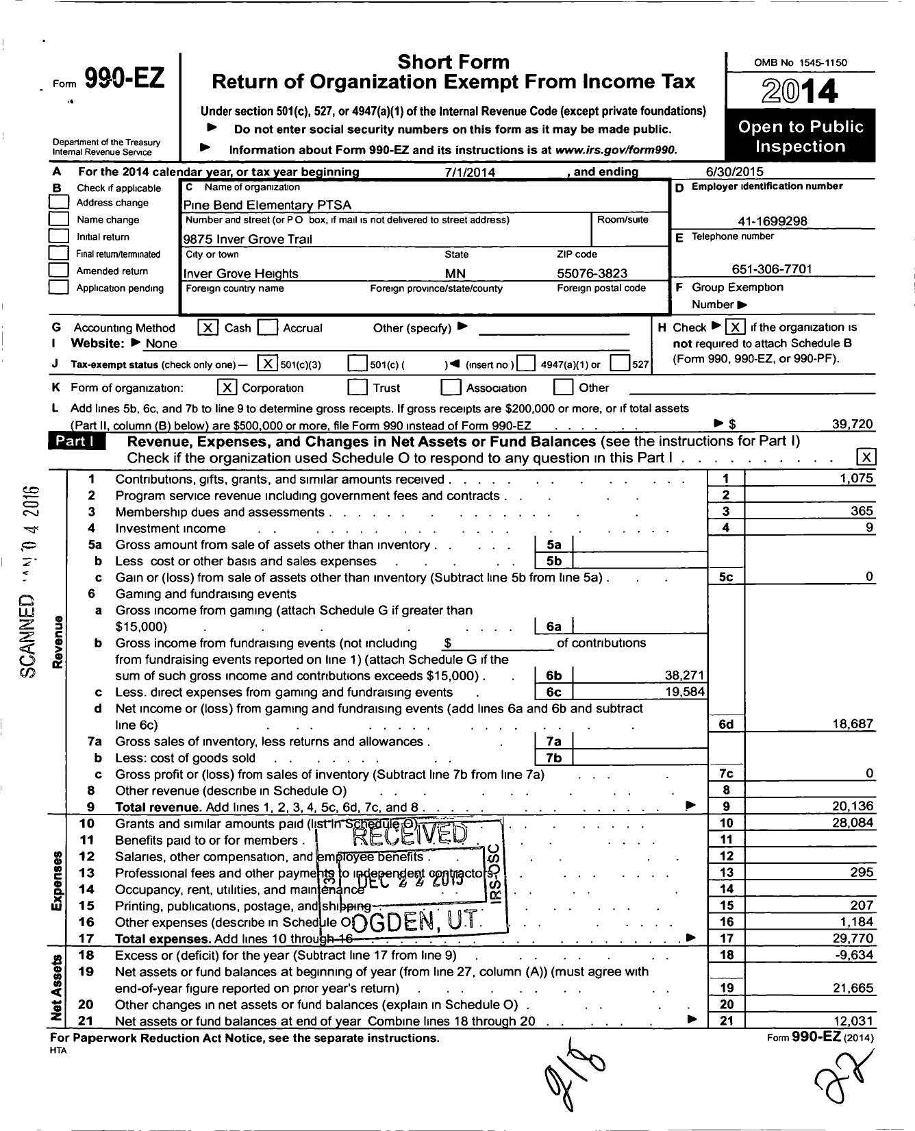 Image of first page of 2014 Form 990EZ for Pine Bend Elementary PTSA