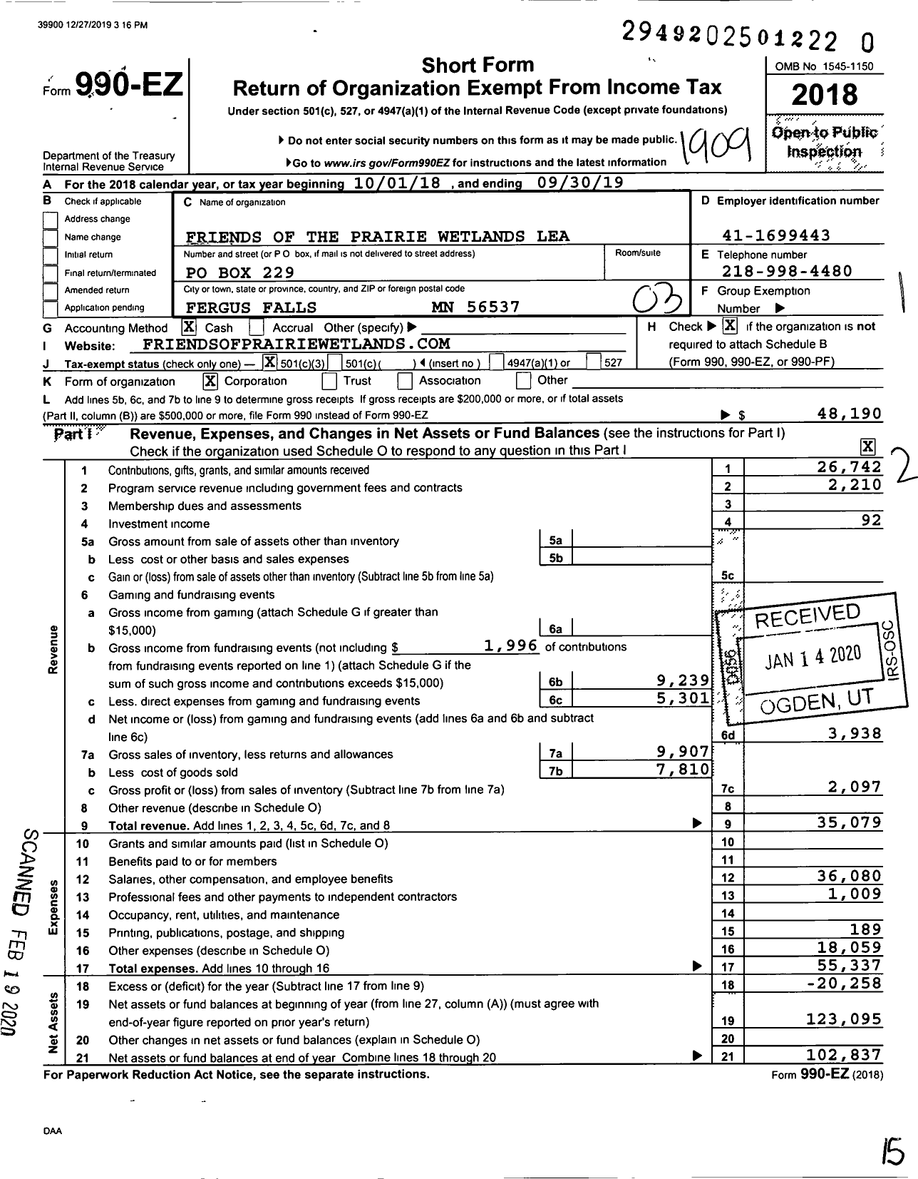 Image of first page of 2018 Form 990EZ for Friends of the Prairie Wetlands Lea