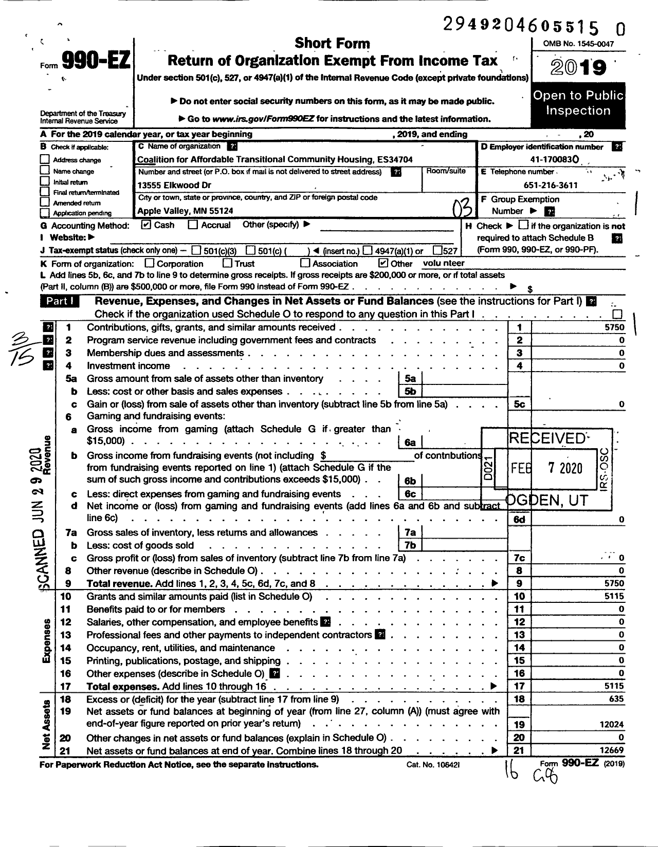 Image of first page of 2019 Form 990EZ for Coalition on Affordable - Transitional Community Housing