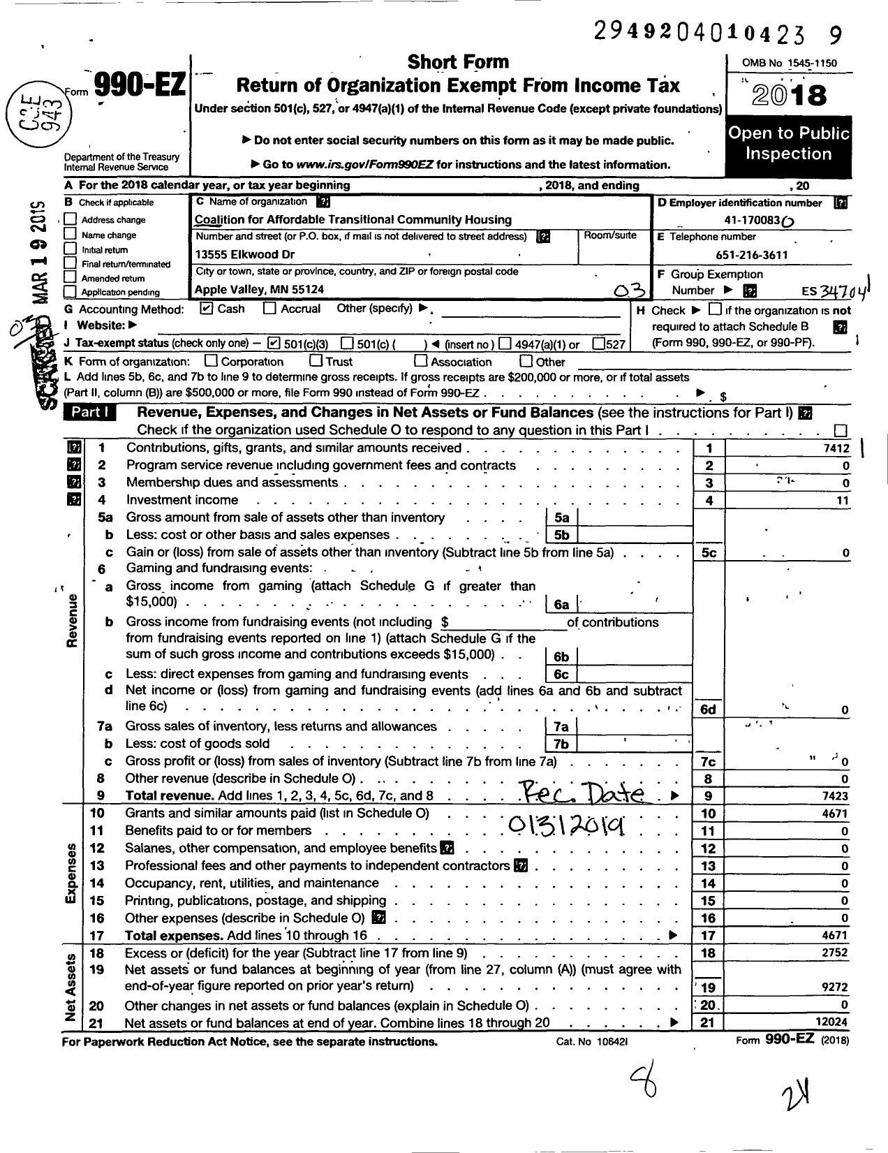 Image of first page of 2018 Form 990EZ for Coalition on Affordable - Transitional Community Housing