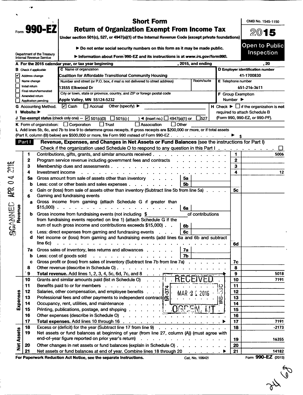 Image of first page of 2015 Form 990EZ for Coalition on Affordable - Transitional Community Housing