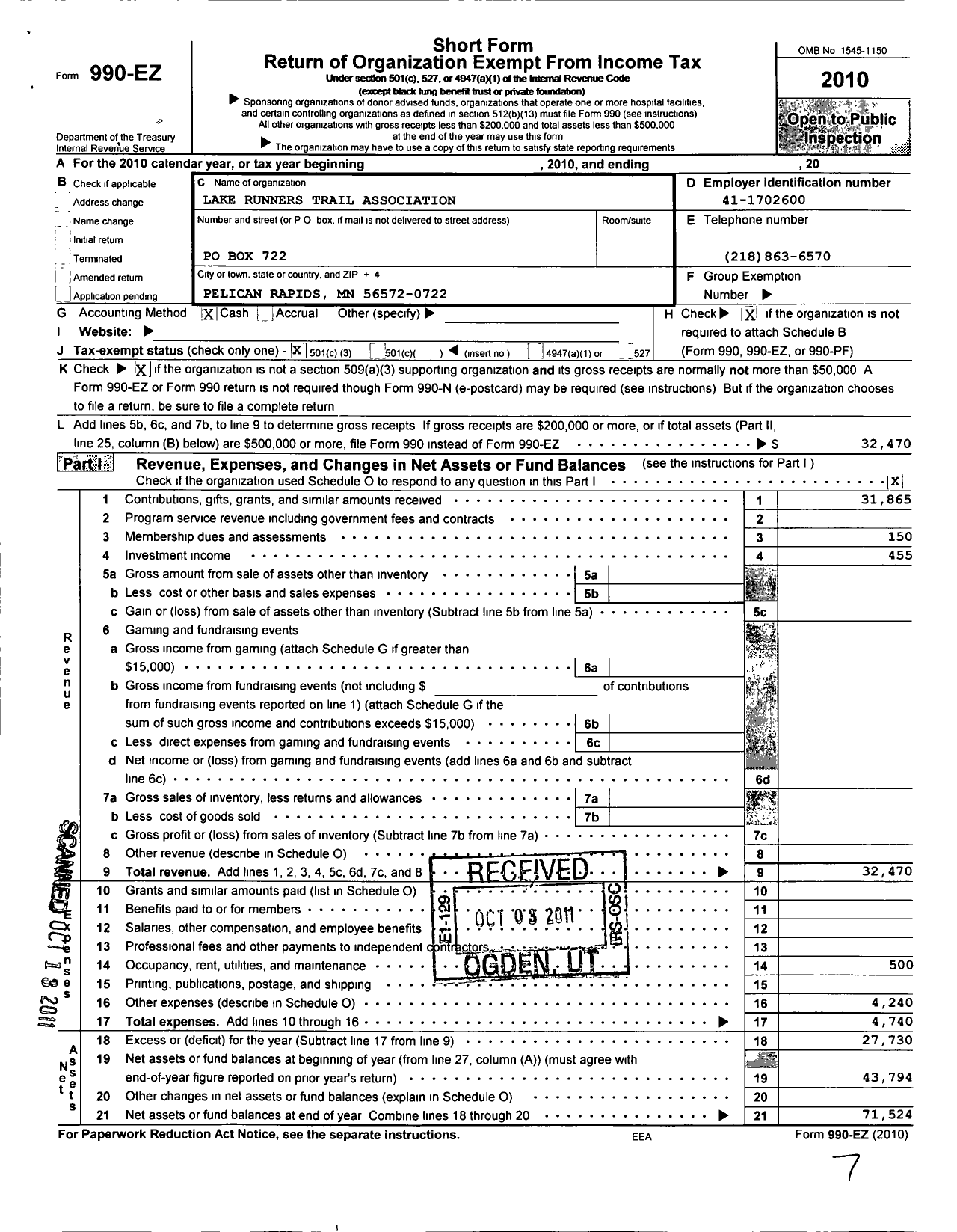 Image of first page of 2010 Form 990EZ for Lake Runners Trail Association