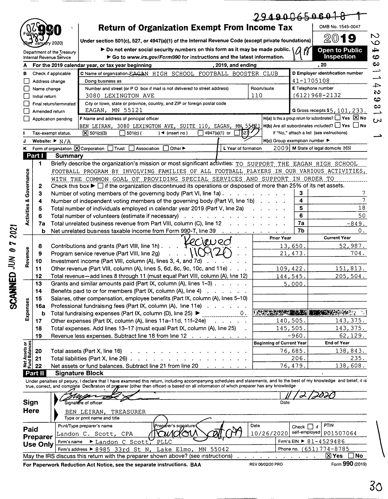 Image of first page of 2019 Form 990 for Eagan High School Football Booster Club