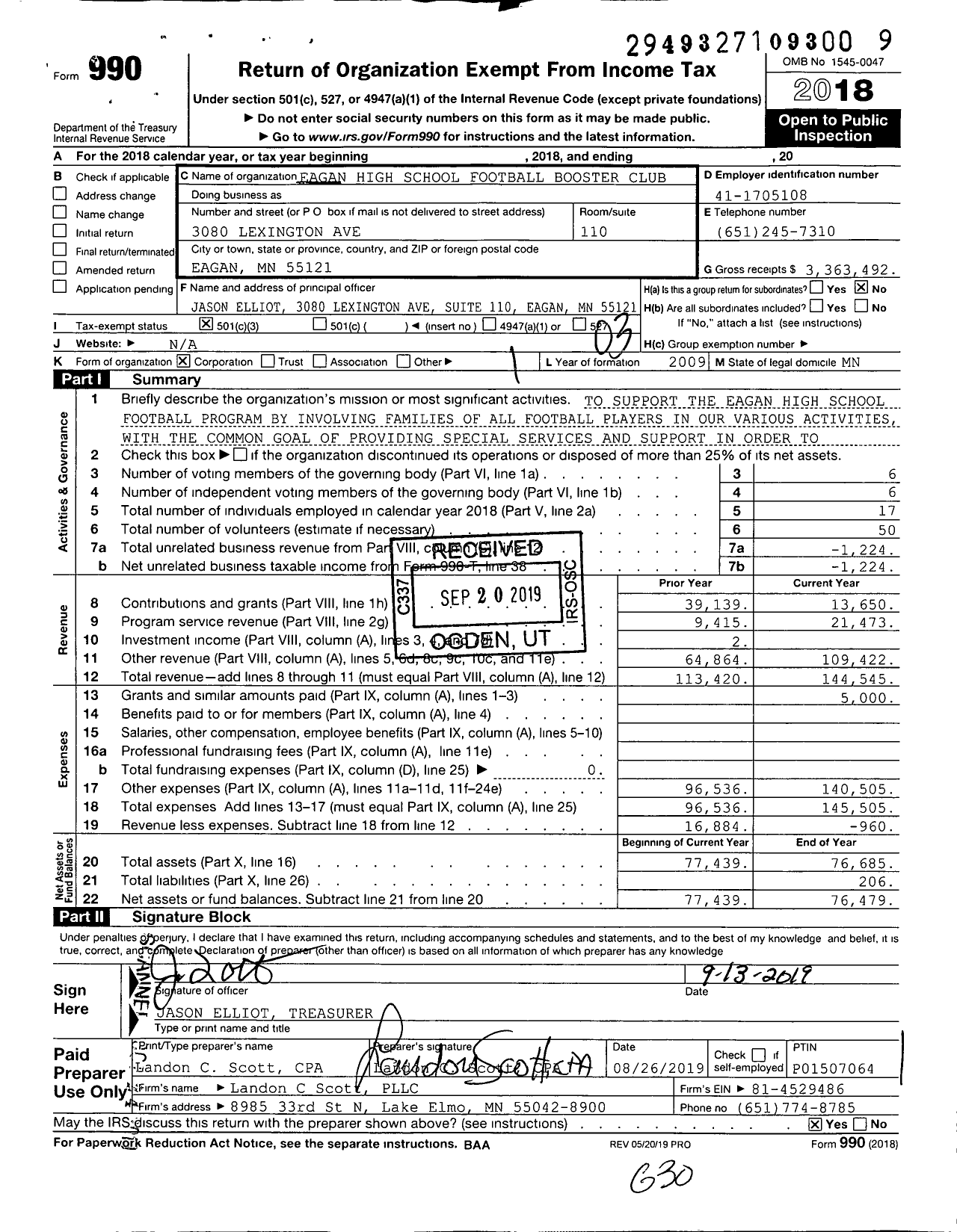 Image of first page of 2018 Form 990 for Eagan High School Football Booster Club