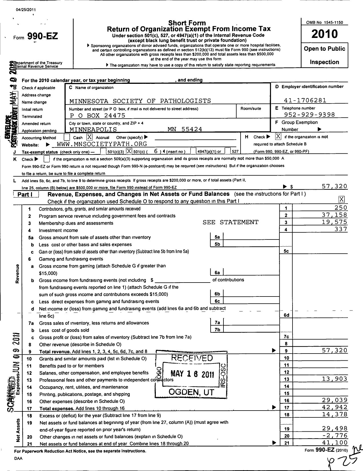 Image of first page of 2010 Form 990EO for Minnesota Society of Pathologists