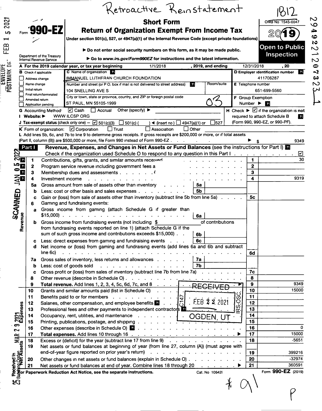 Image of first page of 2018 Form 990EZ for Immanuel Lutheran Church Foundation