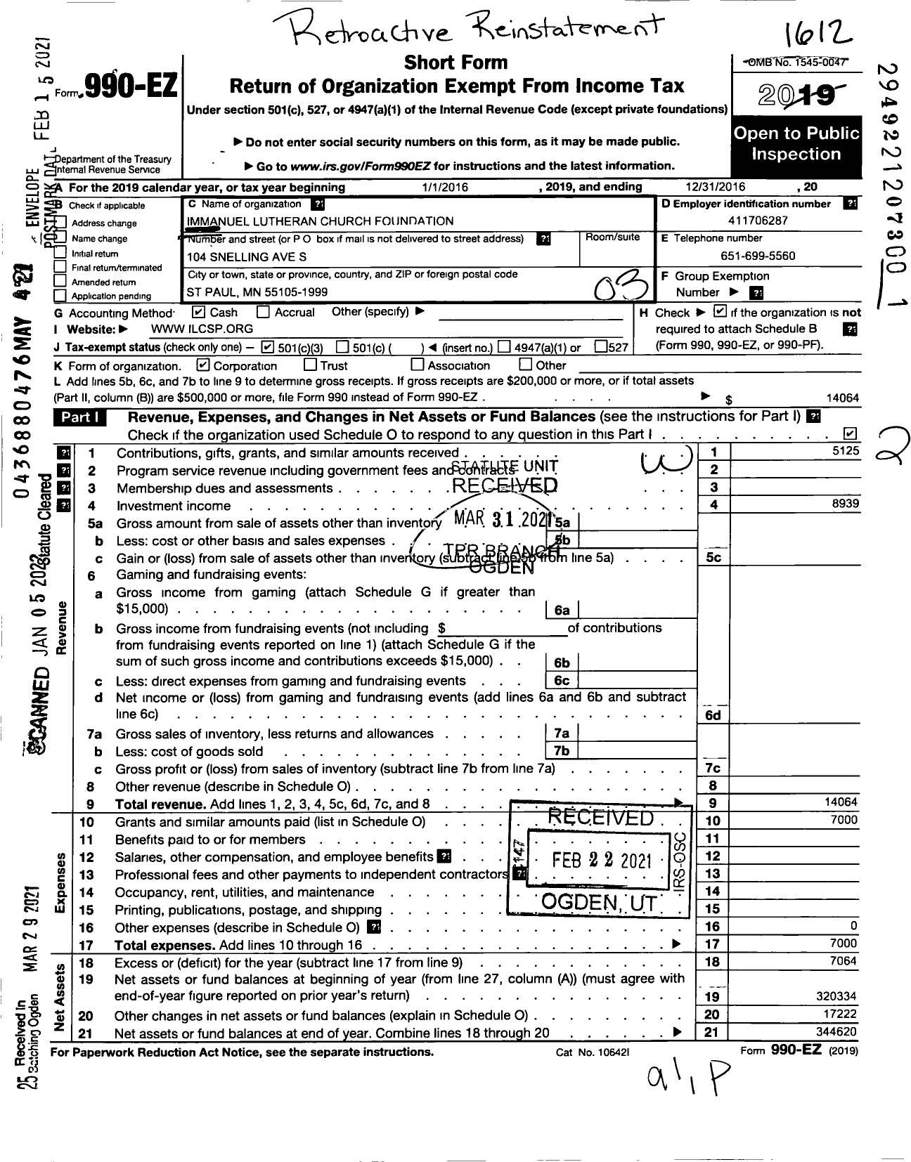 Image of first page of 2016 Form 990EZ for Immanuel Lutheran Church Foundation