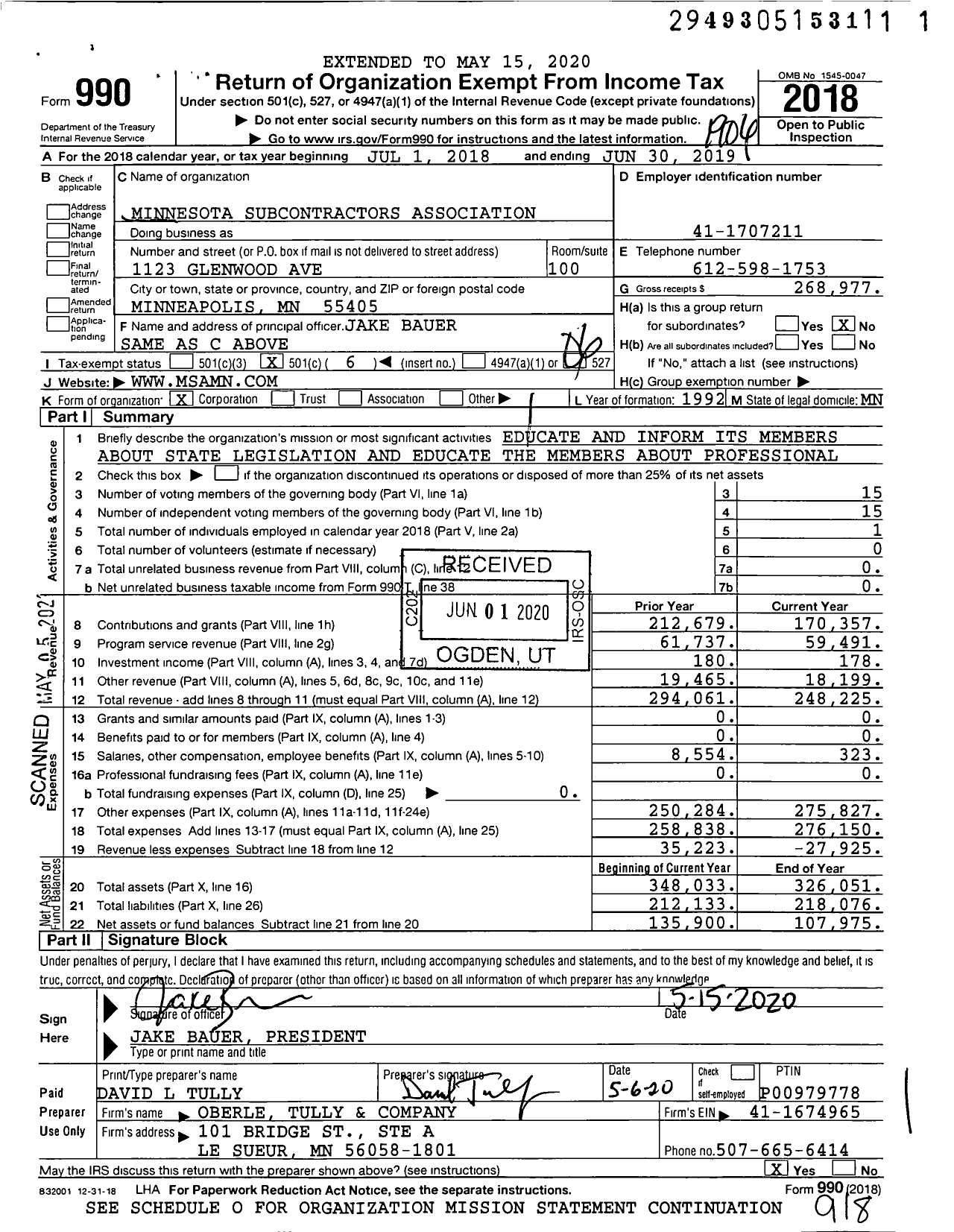 Image of first page of 2018 Form 990O for Minnesota Subcontractors Association