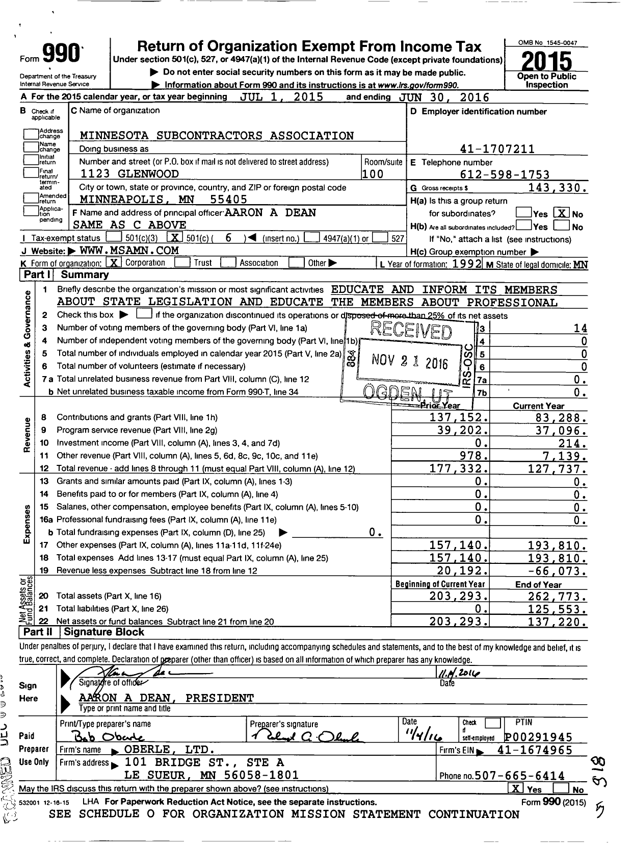 Image of first page of 2015 Form 990O for Minnesota Subcontractors Association