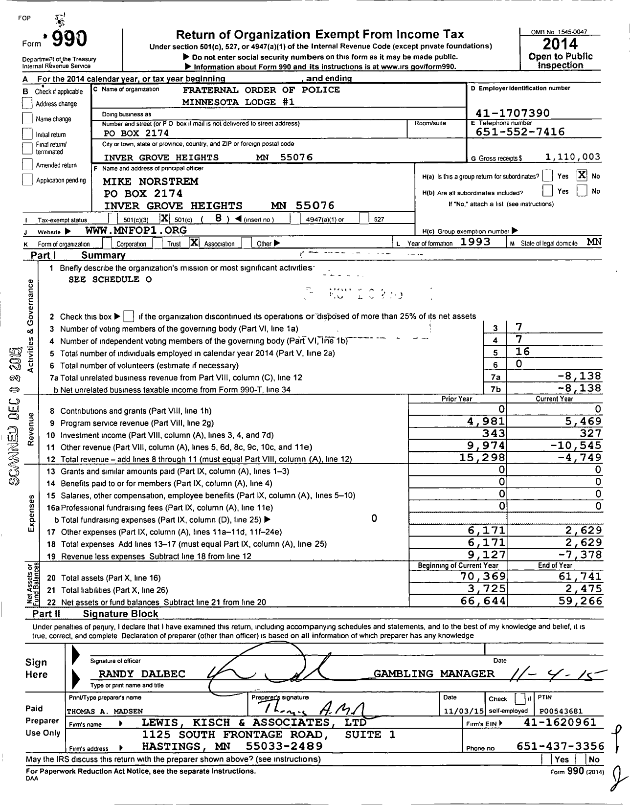 Image of first page of 2014 Form 990O for Fraternal Order of Police - 1 Minnesota Lodge