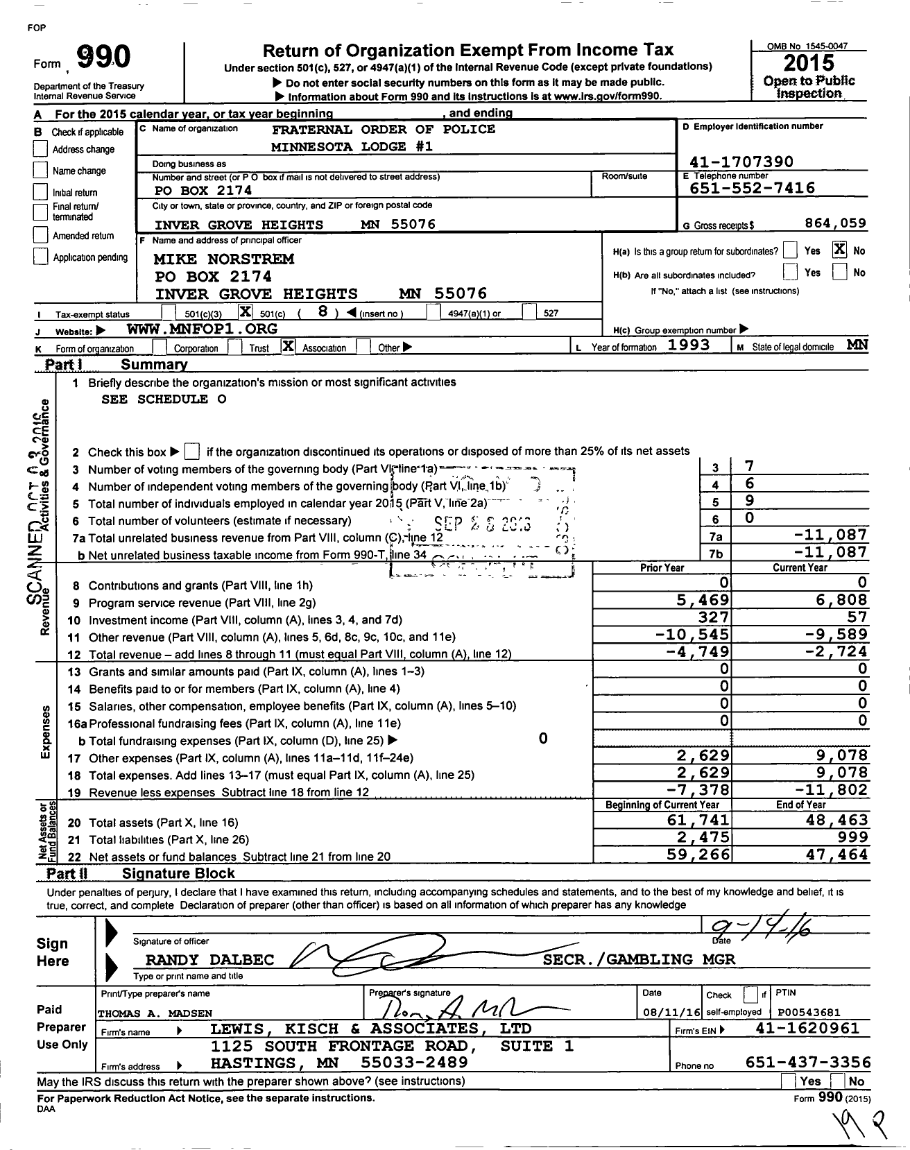 Image of first page of 2015 Form 990O for Fraternal Order of Police - 1 Minnesota Lodge