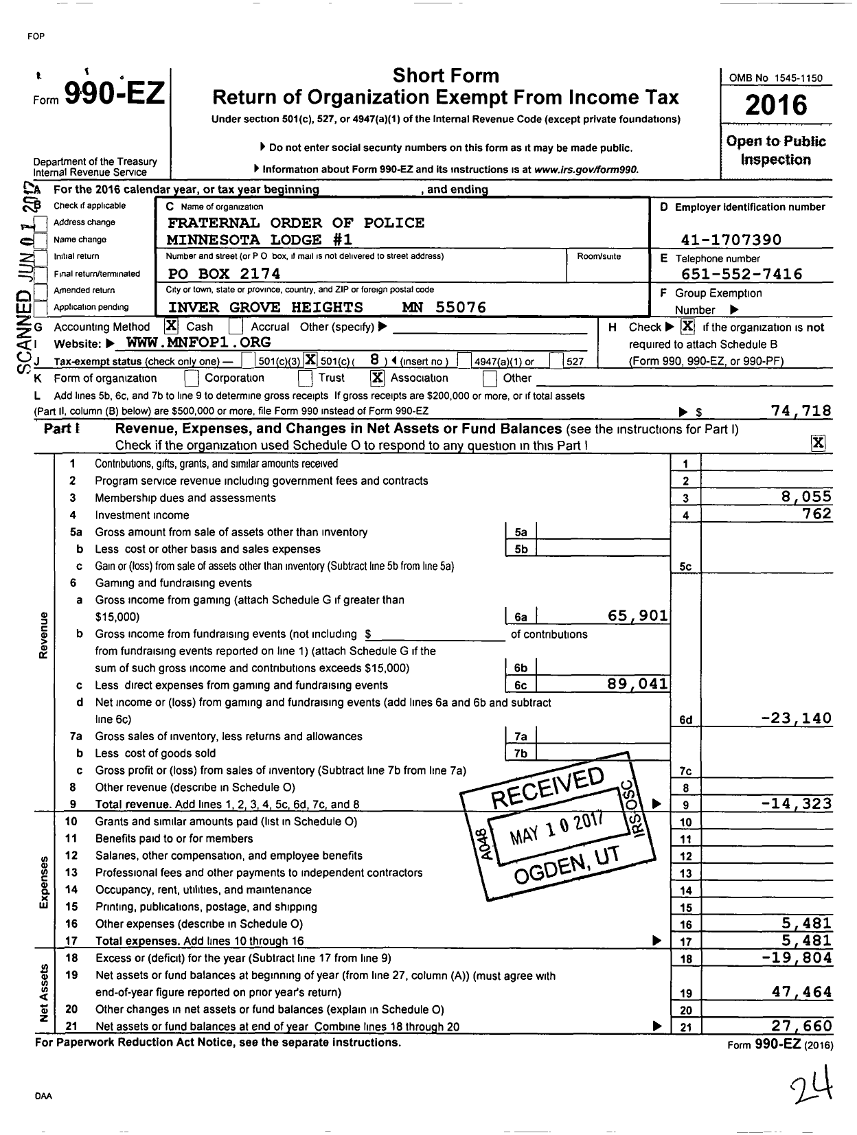 Image of first page of 2016 Form 990EO for Fraternal Order of Police - 1 Minnesota Lodge