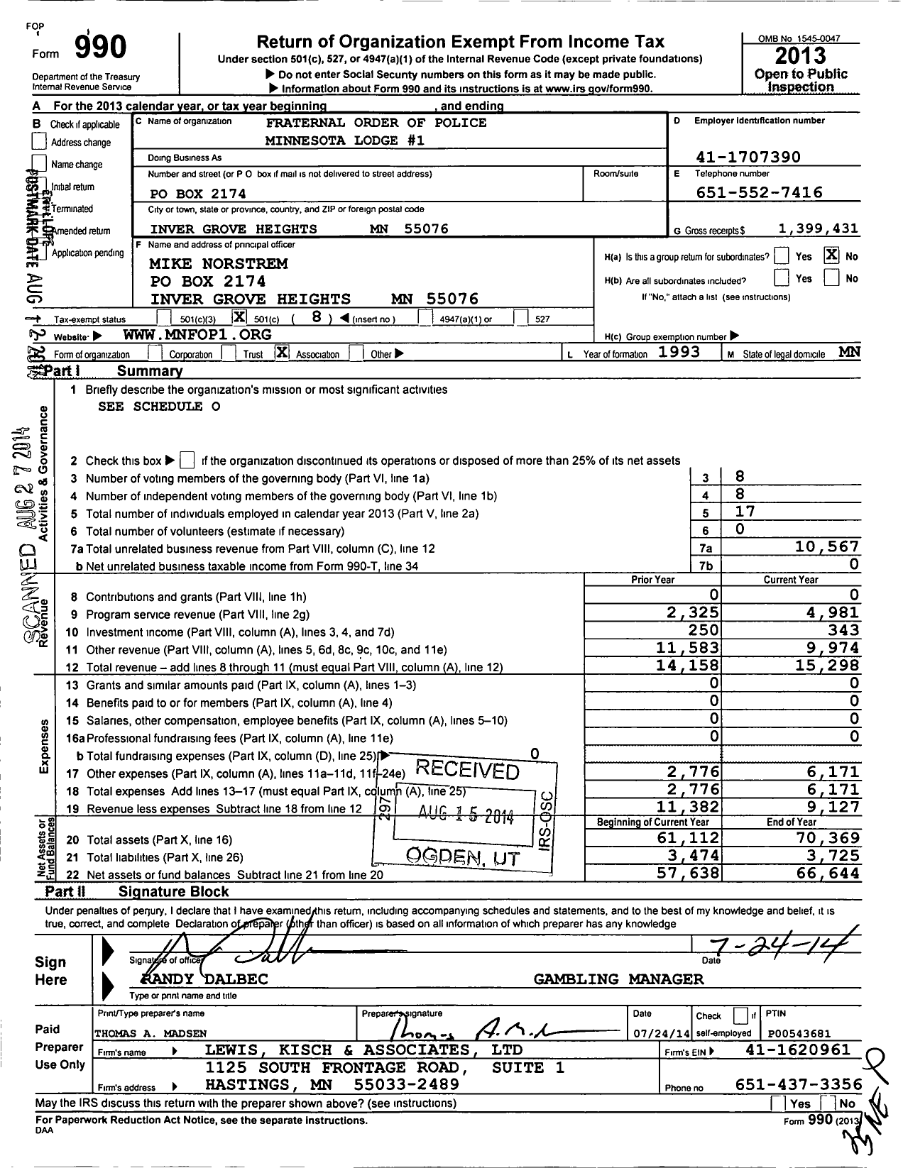 Image of first page of 2013 Form 990O for Fraternal Order of Police - 1 Minnesota Lodge