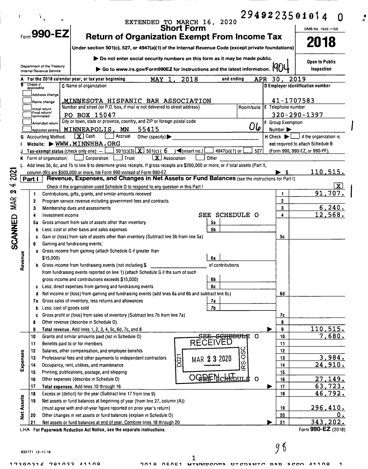 Image of first page of 2018 Form 990EO for Minnesota Hispanic Bar Association