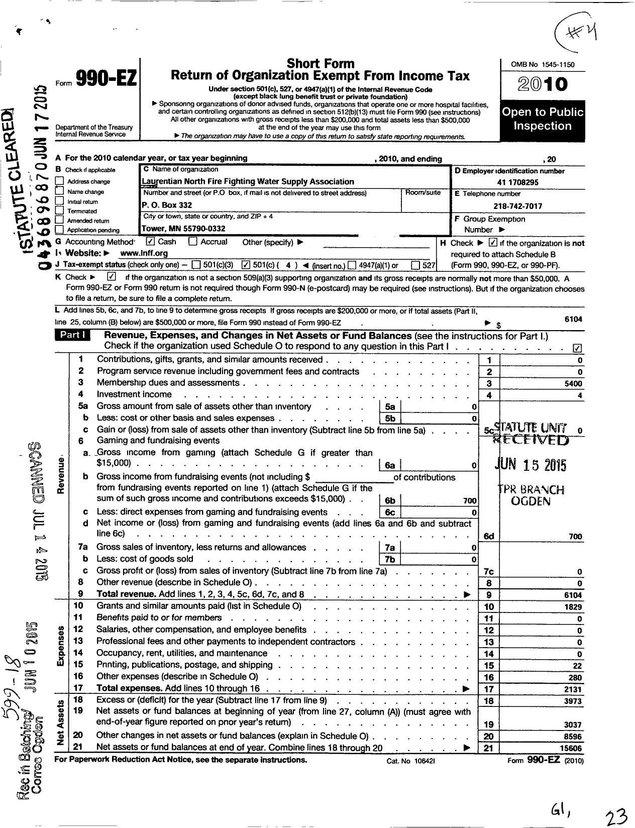 Image of first page of 2010 Form 990EO for Laurentian North Fire Fighting Water Supply Association