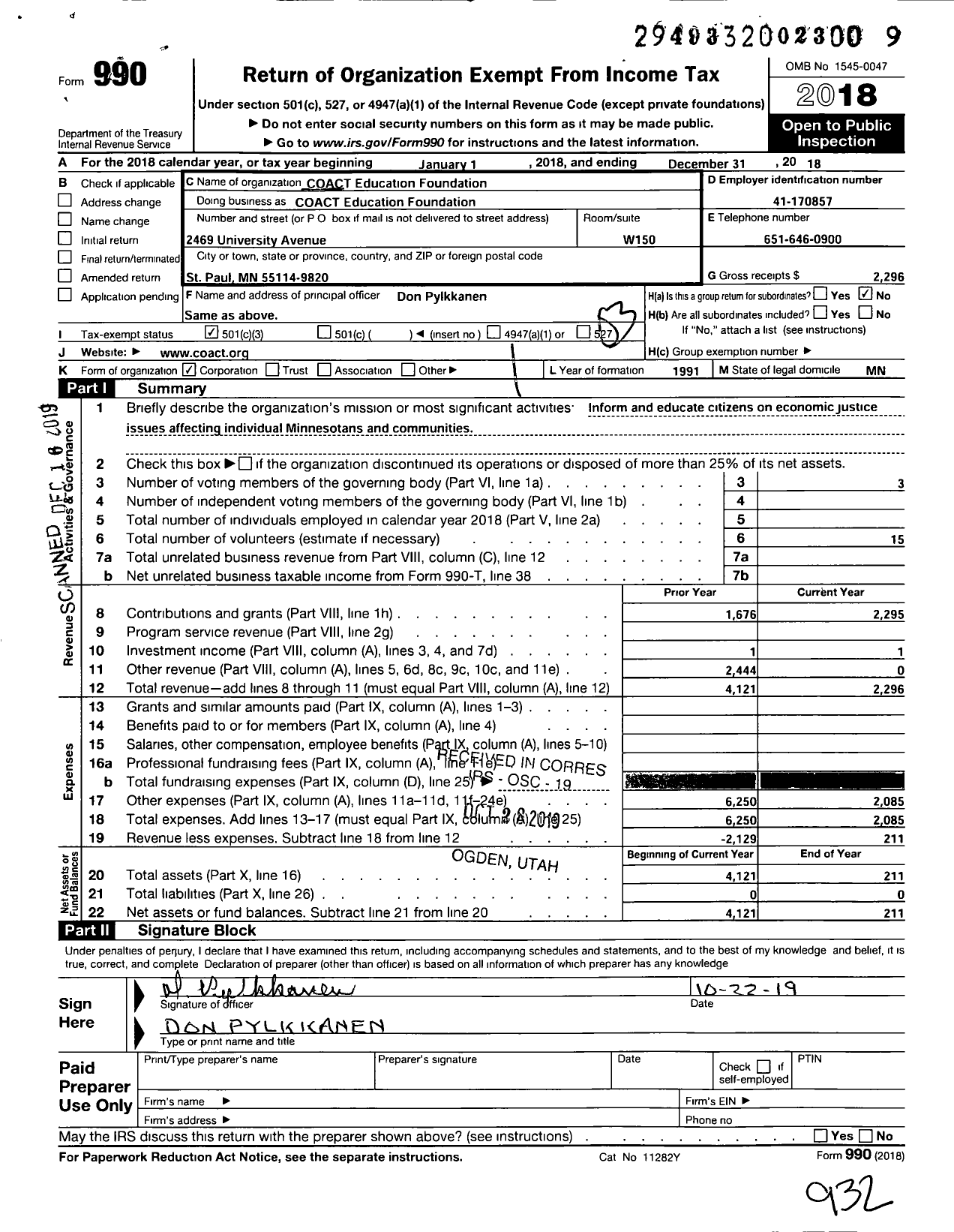 Image of first page of 2018 Form 990 for Coact Education Foundation