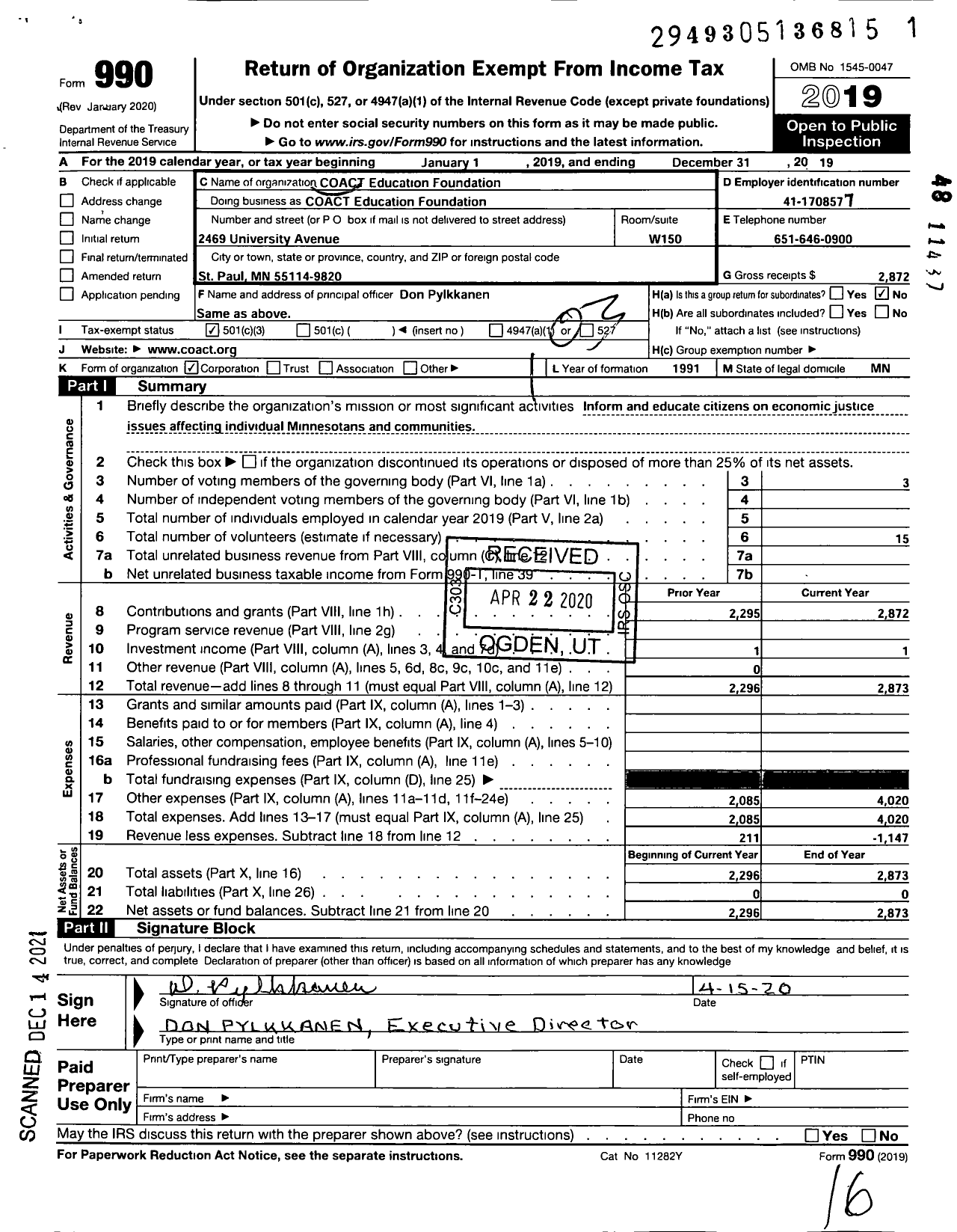 Image of first page of 2019 Form 990 for Coact Education Foundation