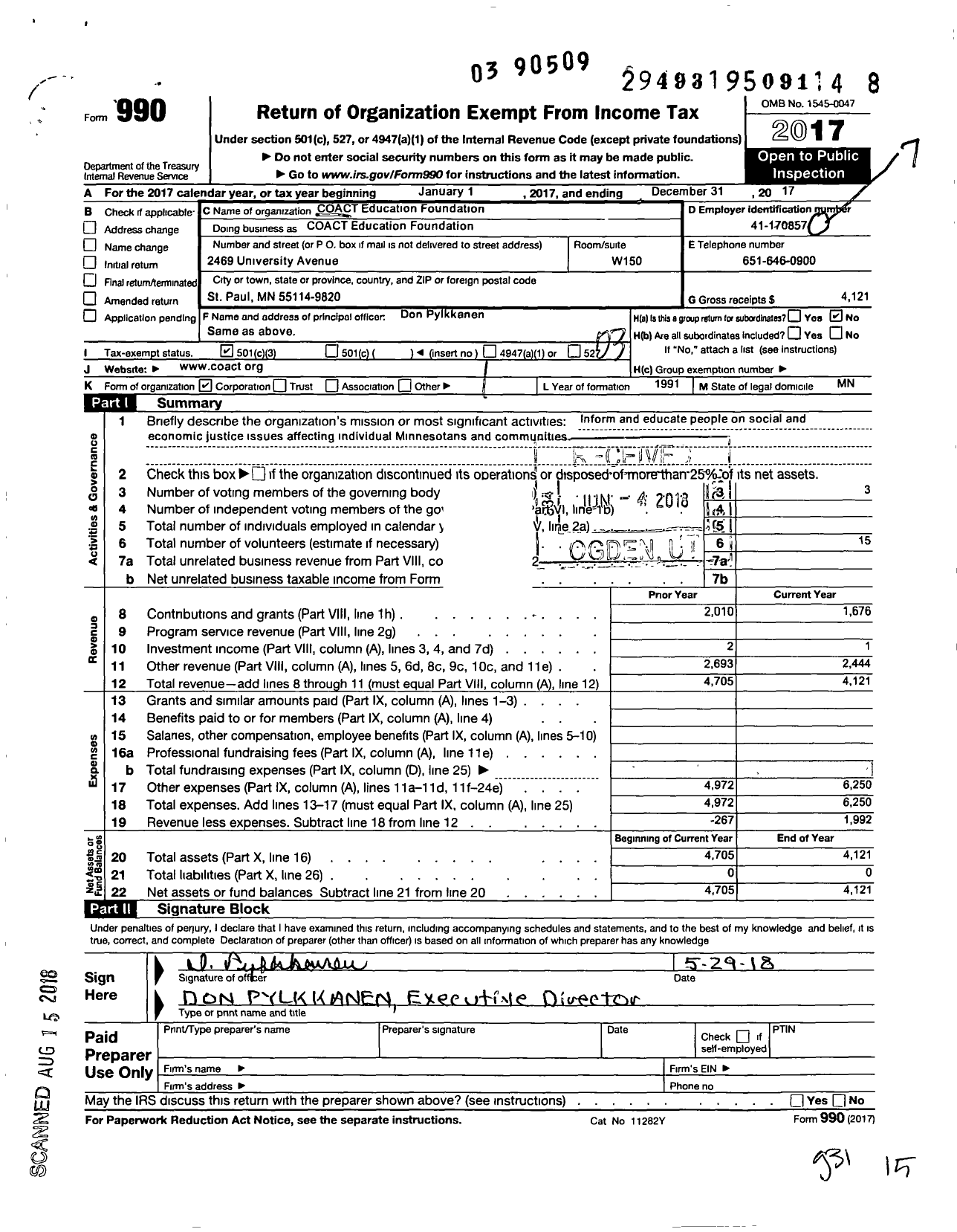 Image of first page of 2017 Form 990 for Coact Education Foundation