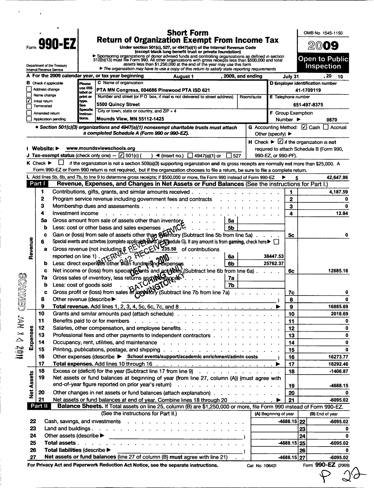 Image of first page of 2009 Form 990EO for Pinewood Elementary PTA