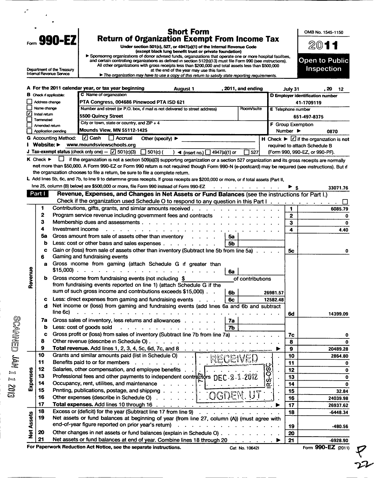 Image of first page of 2011 Form 990EZ for Pinewood Elementary PTA