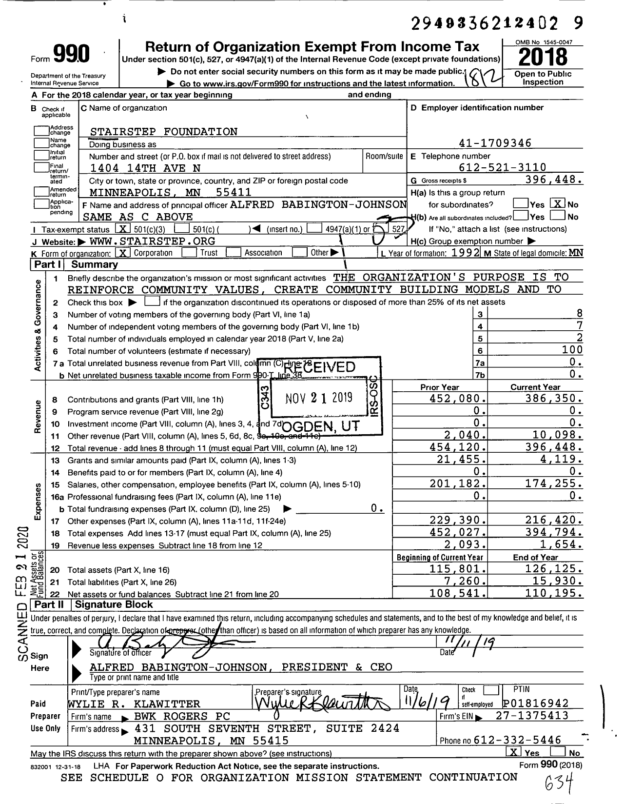 Image of first page of 2018 Form 990 for Stairstep Foundation