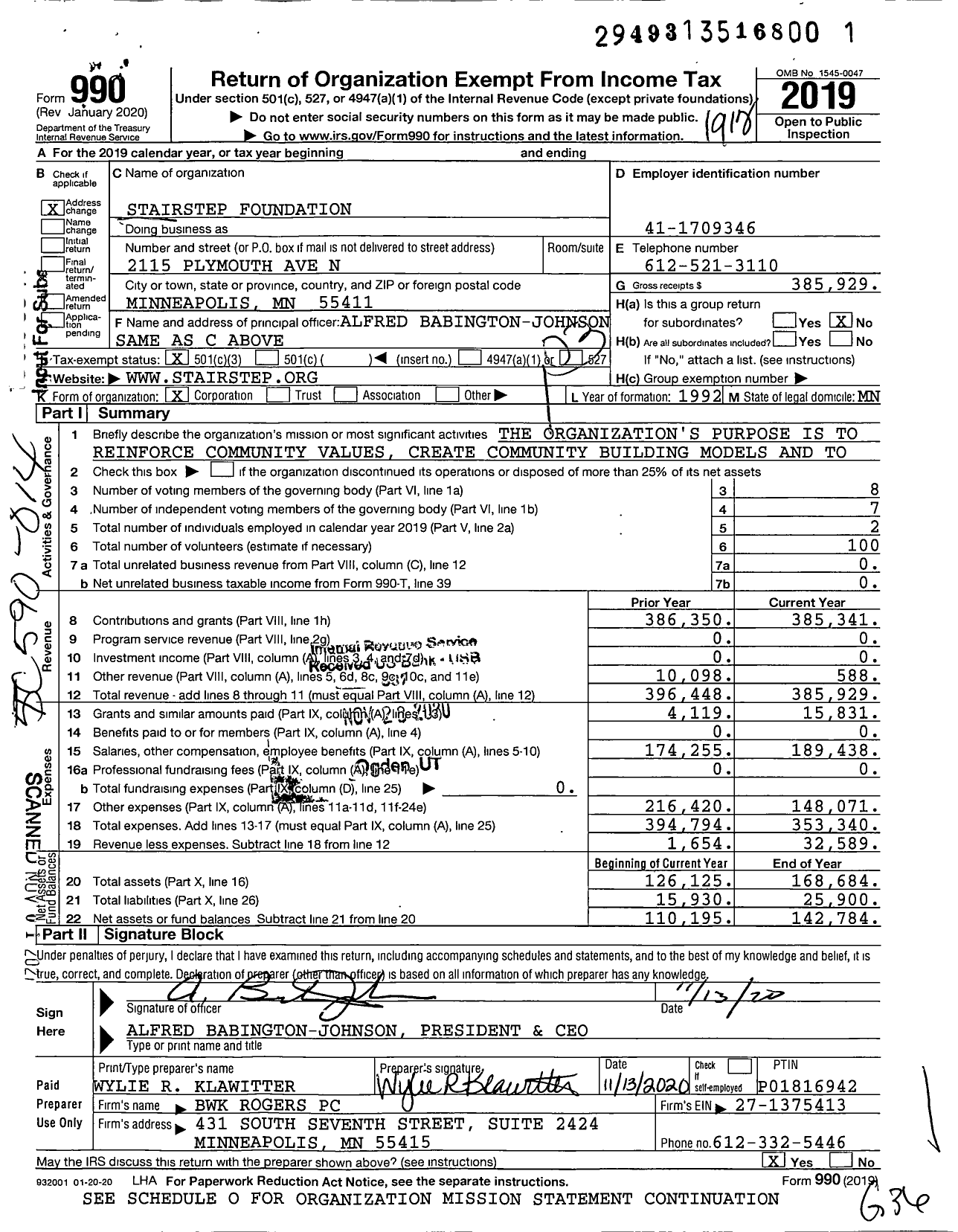 Image of first page of 2019 Form 990 for Stairstep Foundation