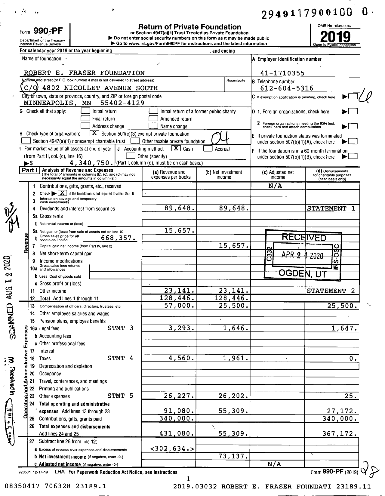 Image of first page of 2019 Form 990PR for Robert E Fraser Foundation