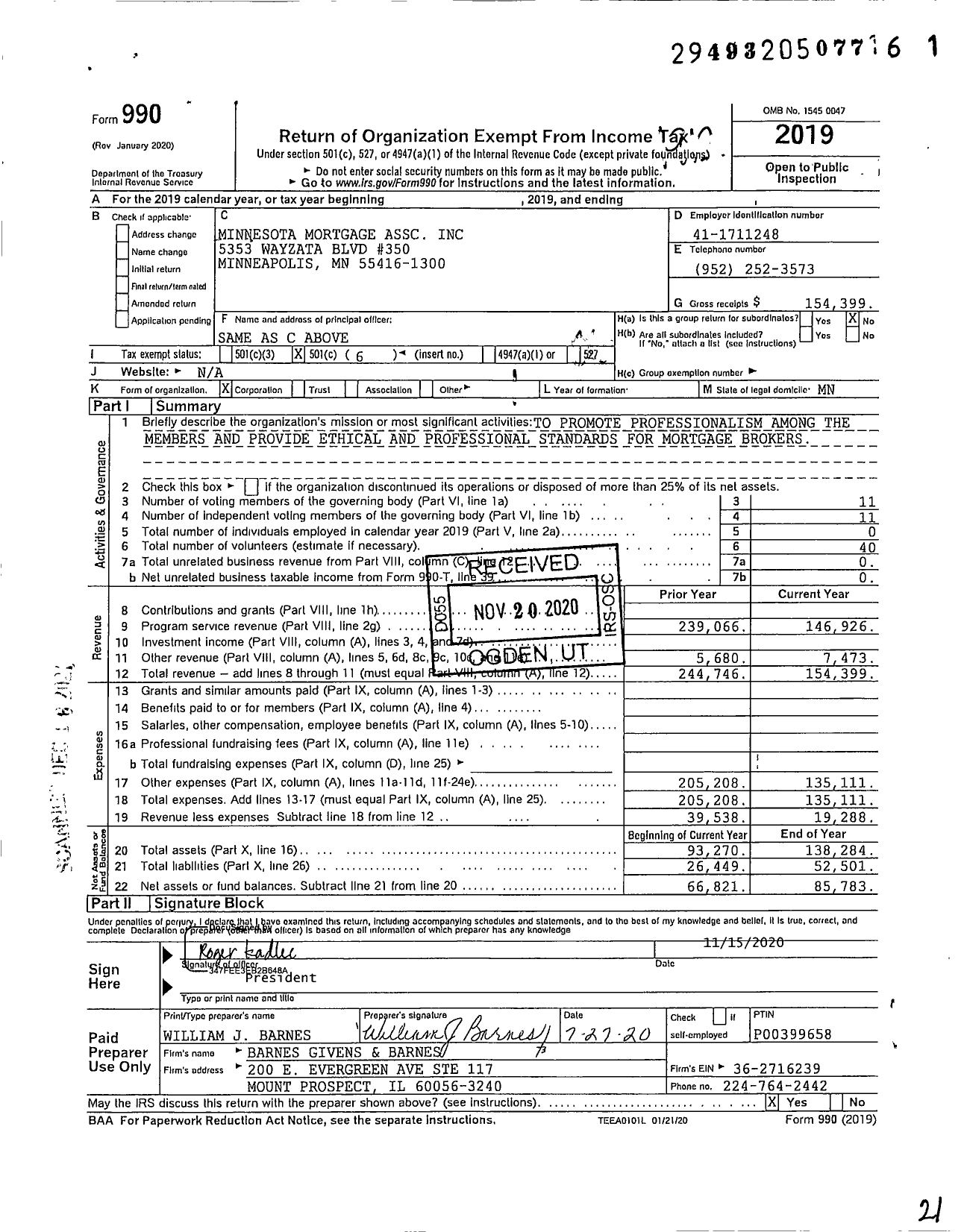 Image of first page of 2019 Form 990O for Minnesota Mortgage Assc