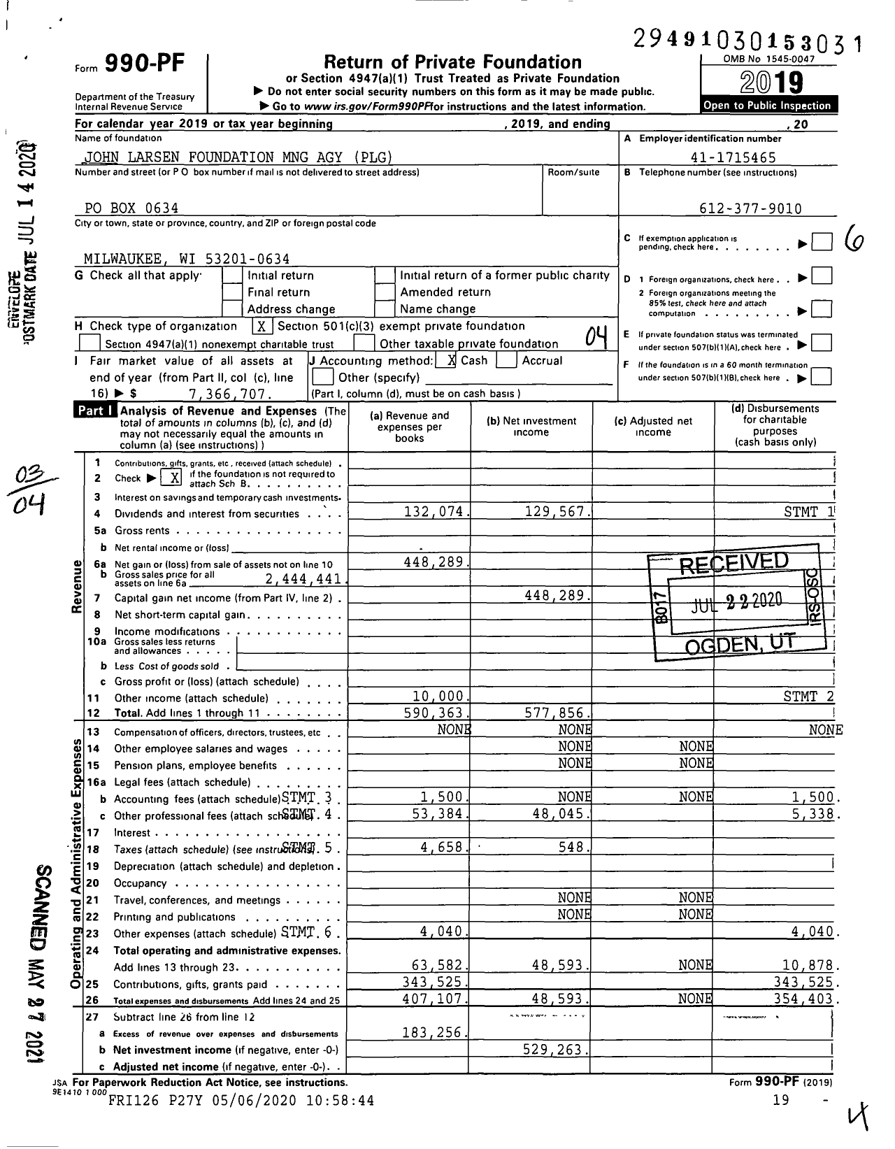 Image of first page of 2019 Form 990PF for John Larsen Foundation MNG Agy