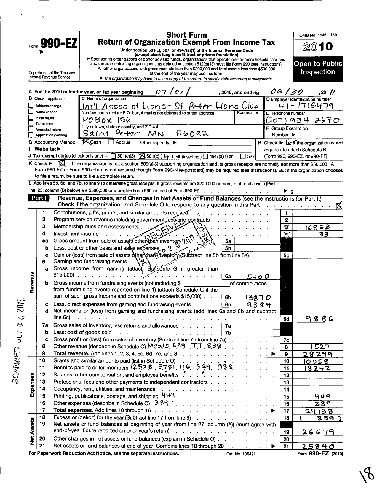 Image of first page of 2010 Form 990EO for Lions Clubs - St Peter Lions
