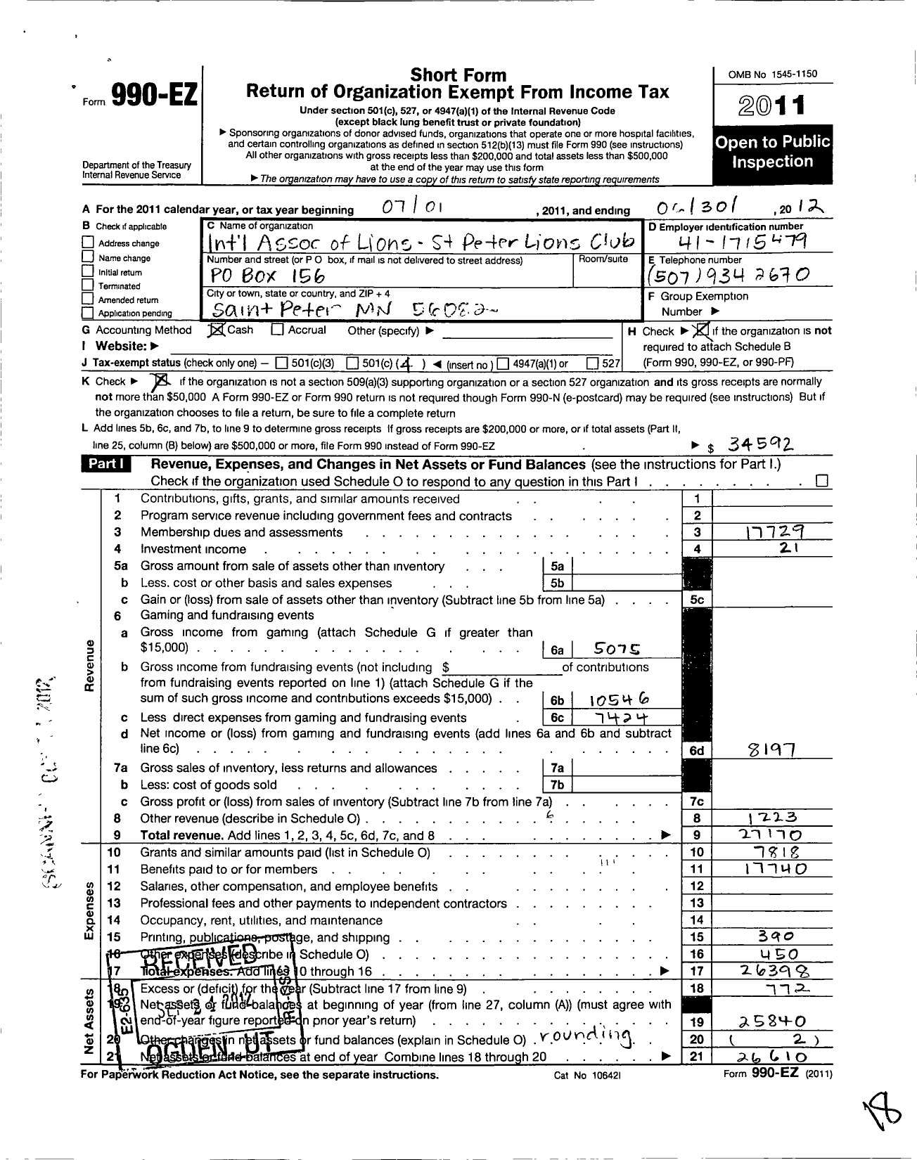Image of first page of 2011 Form 990EO for Lions Clubs - St Peter Lions