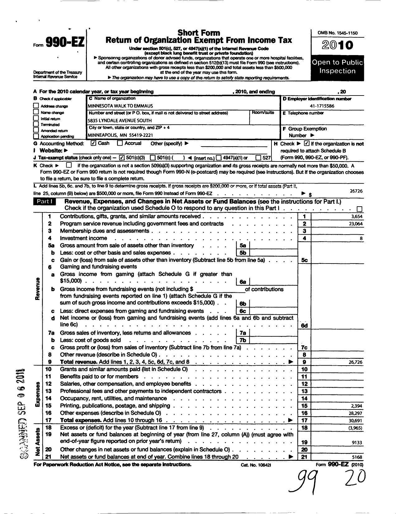 Image of first page of 2010 Form 990EZ for Minnesota Walk To Emmaus