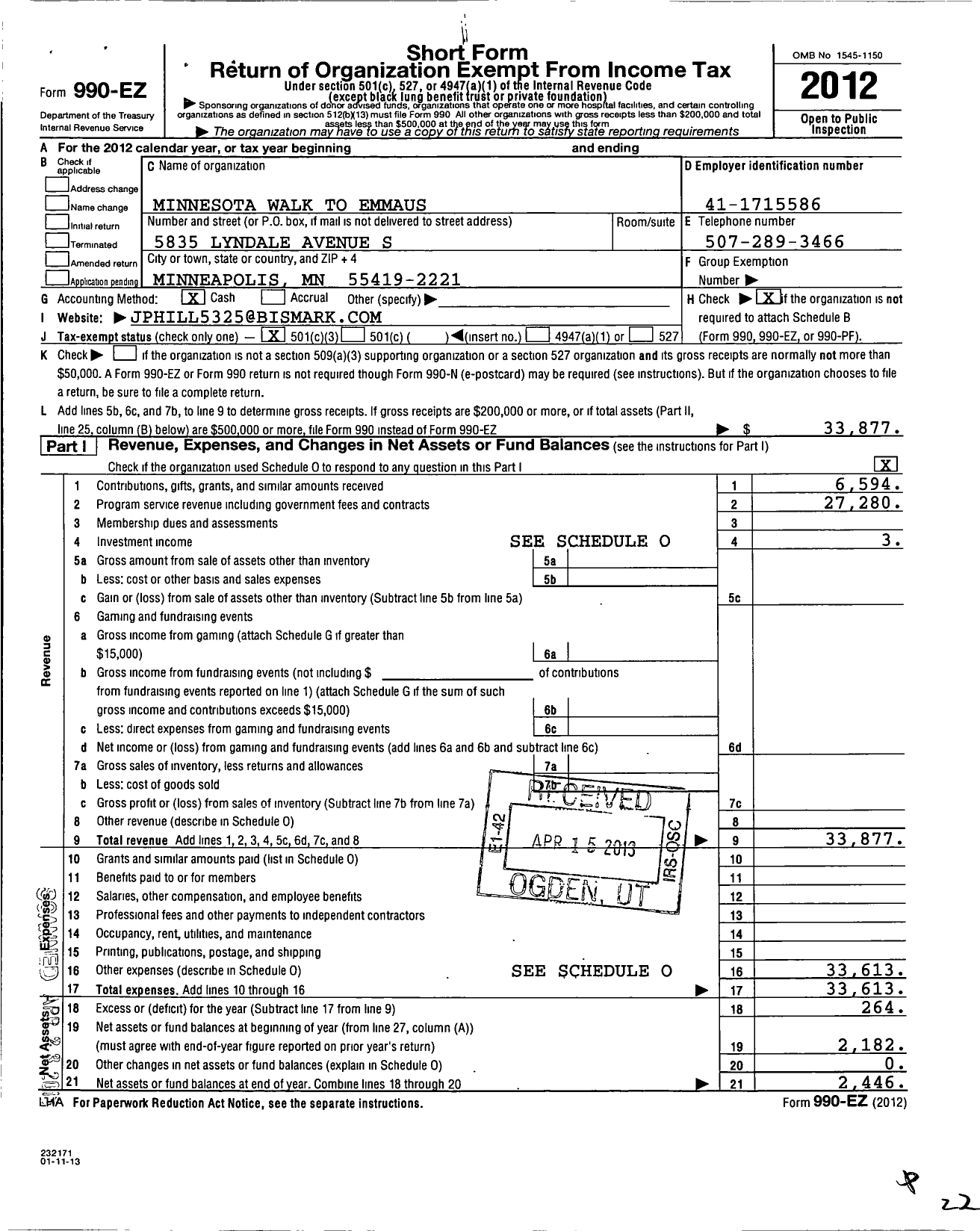 Image of first page of 2012 Form 990EZ for Minnesota Walk To Emmaus