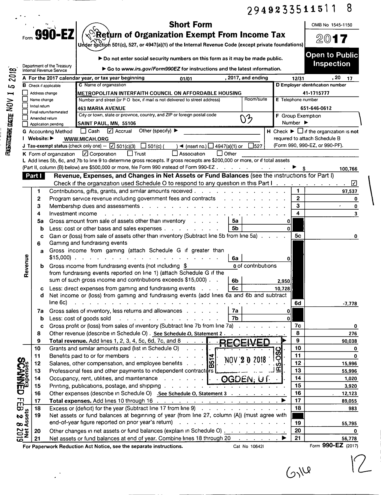 Image of first page of 2017 Form 990EZ for Metropolitan Interfaith Council on Affordable Housing