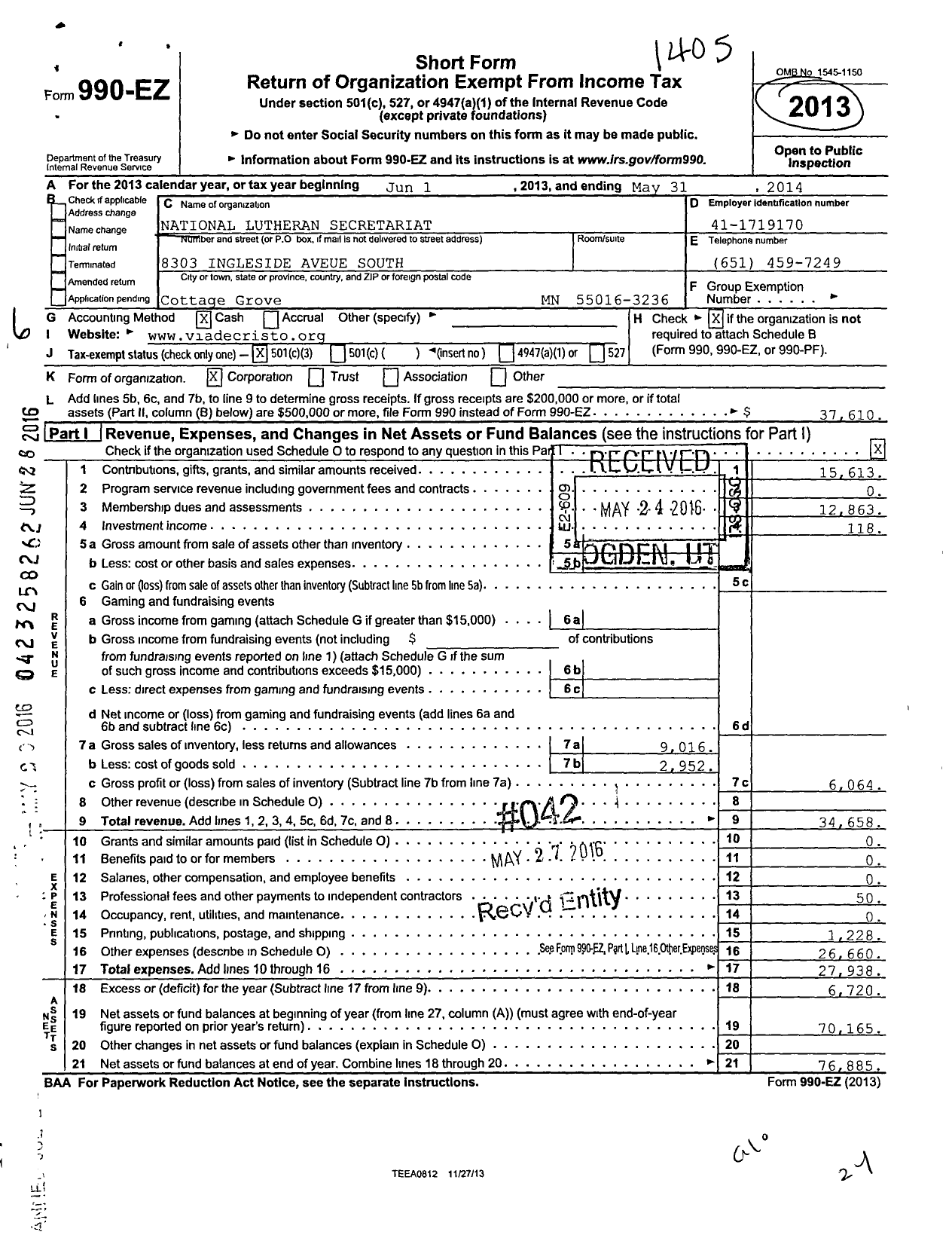 Image of first page of 2013 Form 990EZ for National Lutheran Secretariat