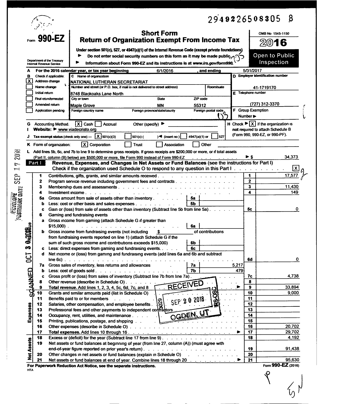 Image of first page of 2016 Form 990EZ for National Lutheran Secretariat