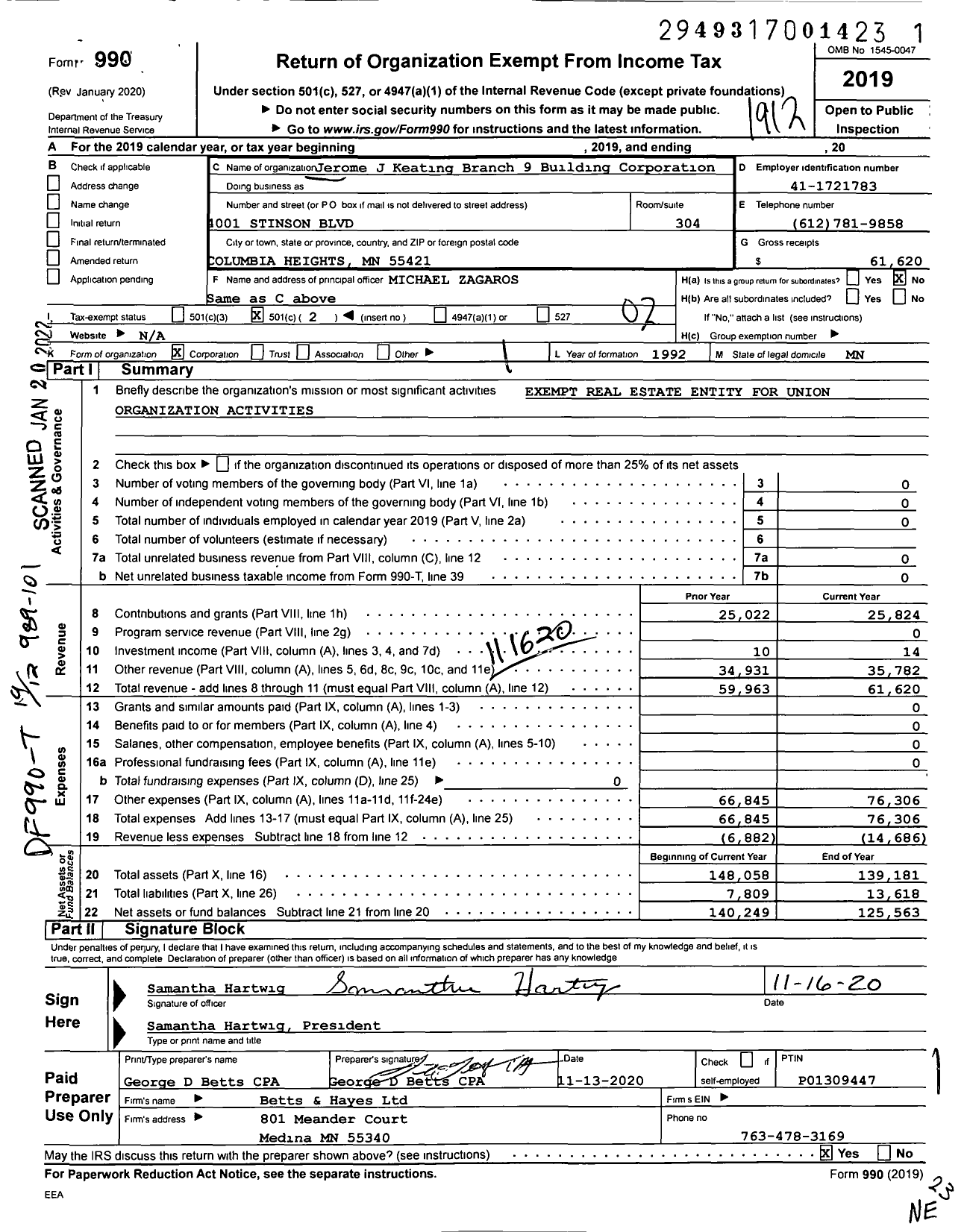 Image of first page of 2019 Form 990O for Jerome J Keating Branch 9 Building Corporation