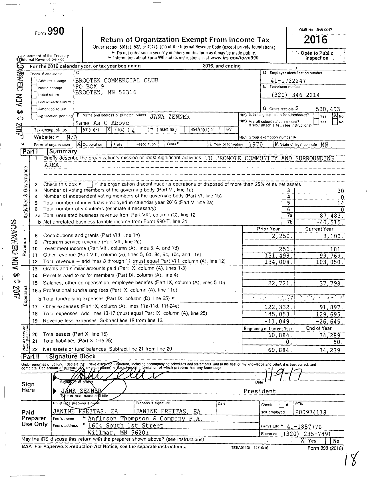 Image of first page of 2016 Form 990O for Brooten Commercial Club