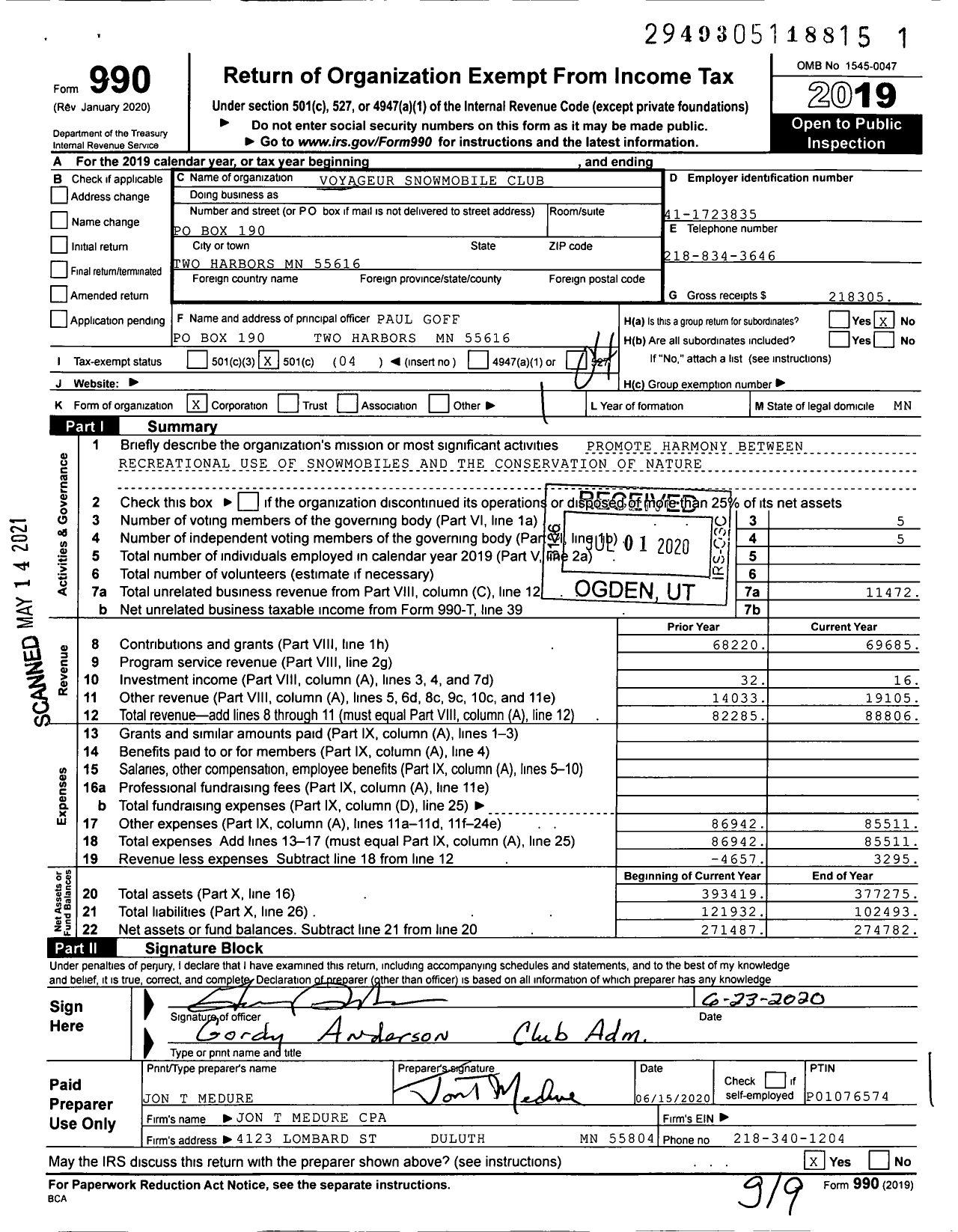 Image of first page of 2019 Form 990O for Voyageur Snowmobile Club